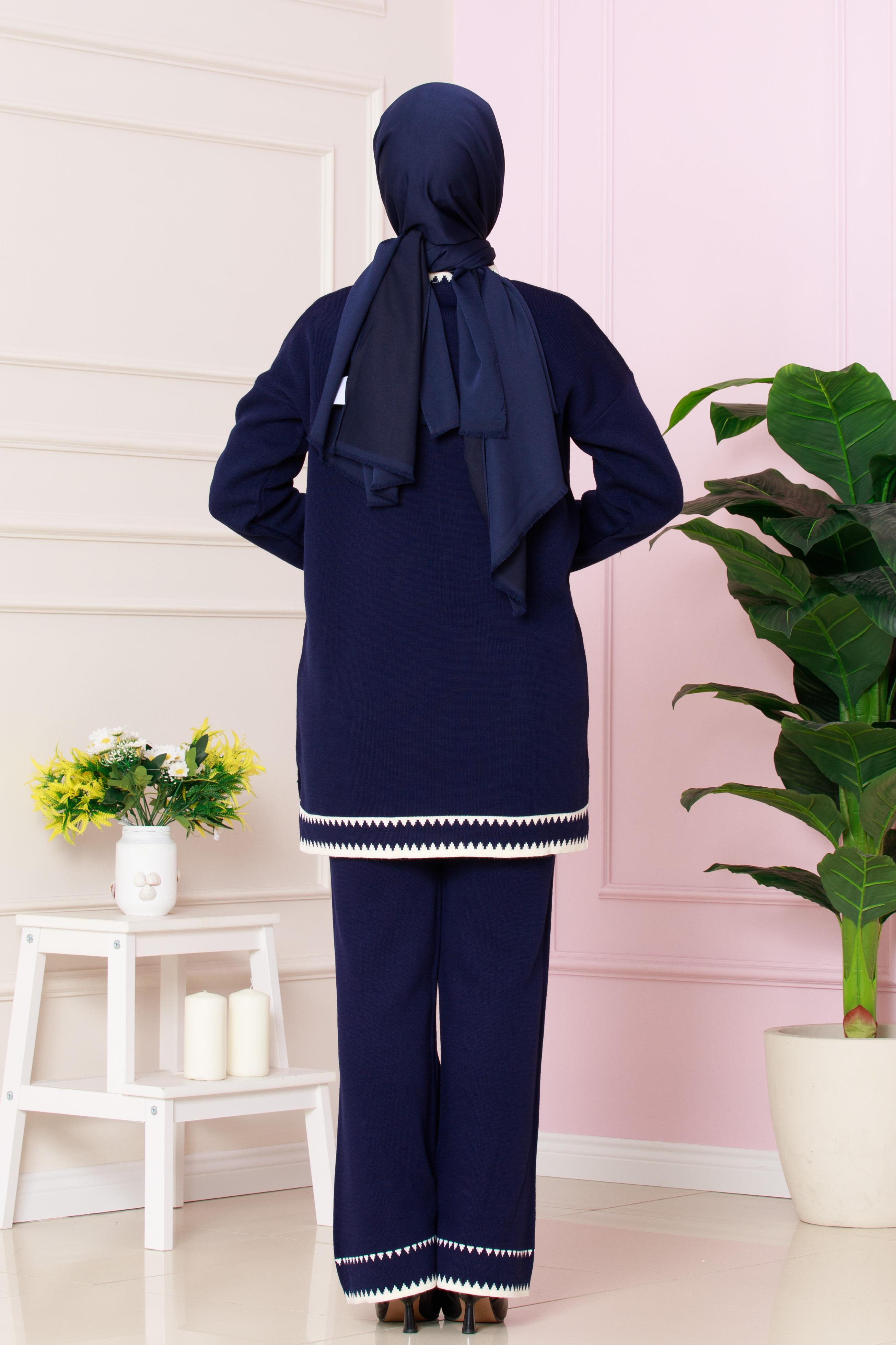 Button Detailed Knitwear Suit- dark blue color