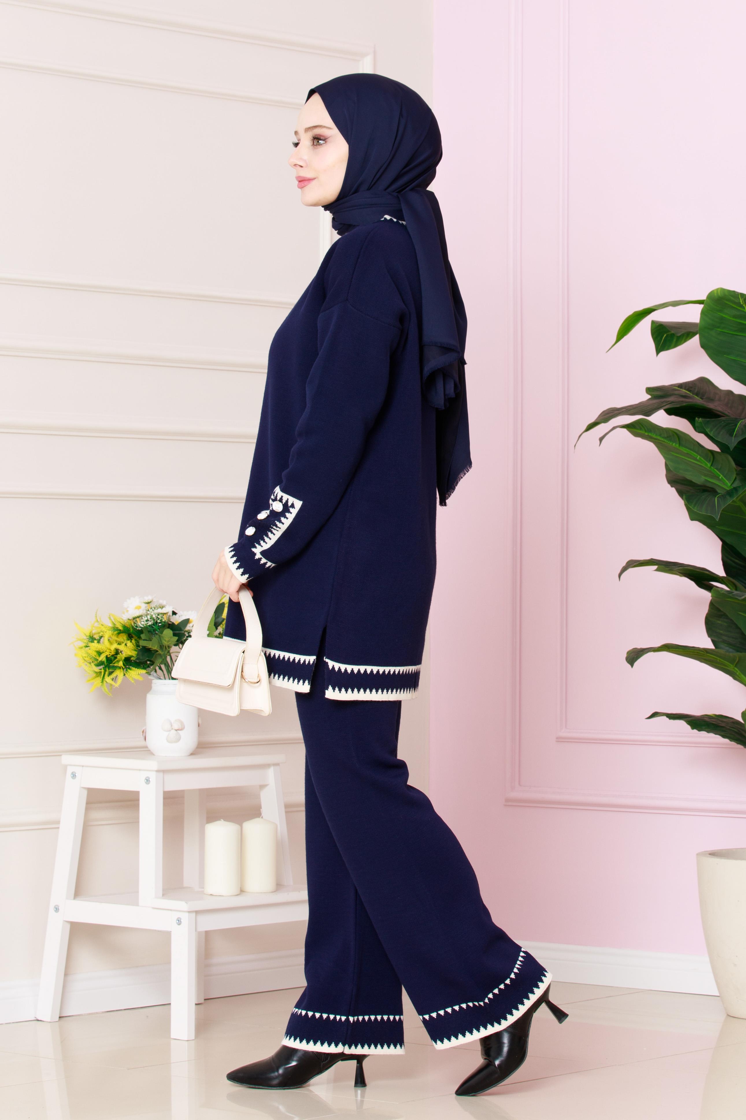 Button Detailed Knitwear Suit- dark blue color
