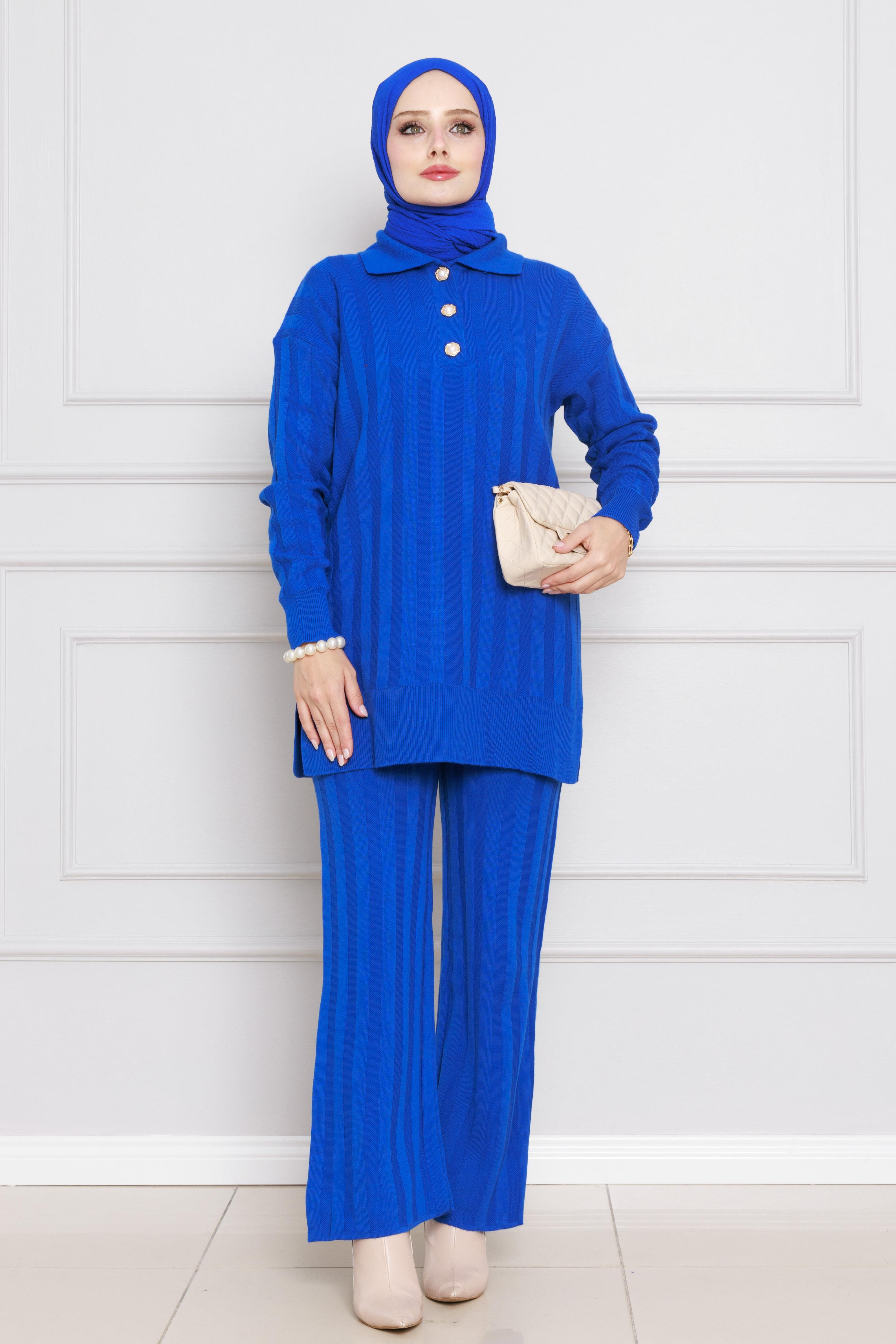 Striped Knitwear Set-bleu color