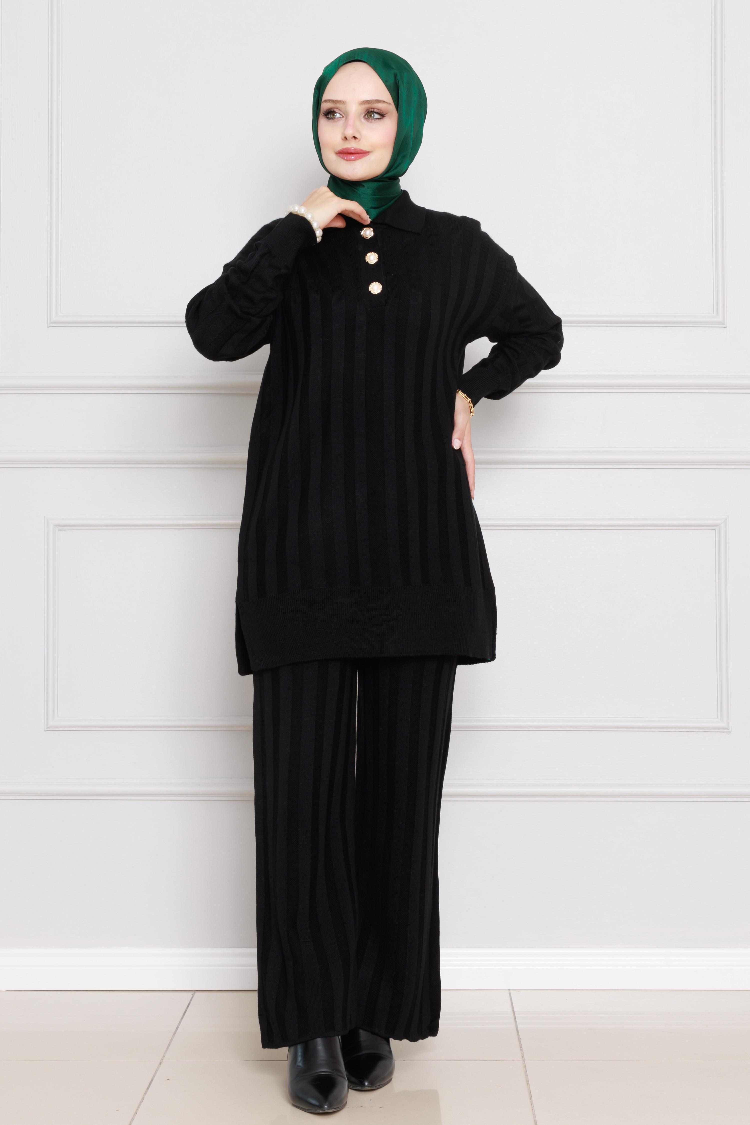 Striped Knitwear Set-black color