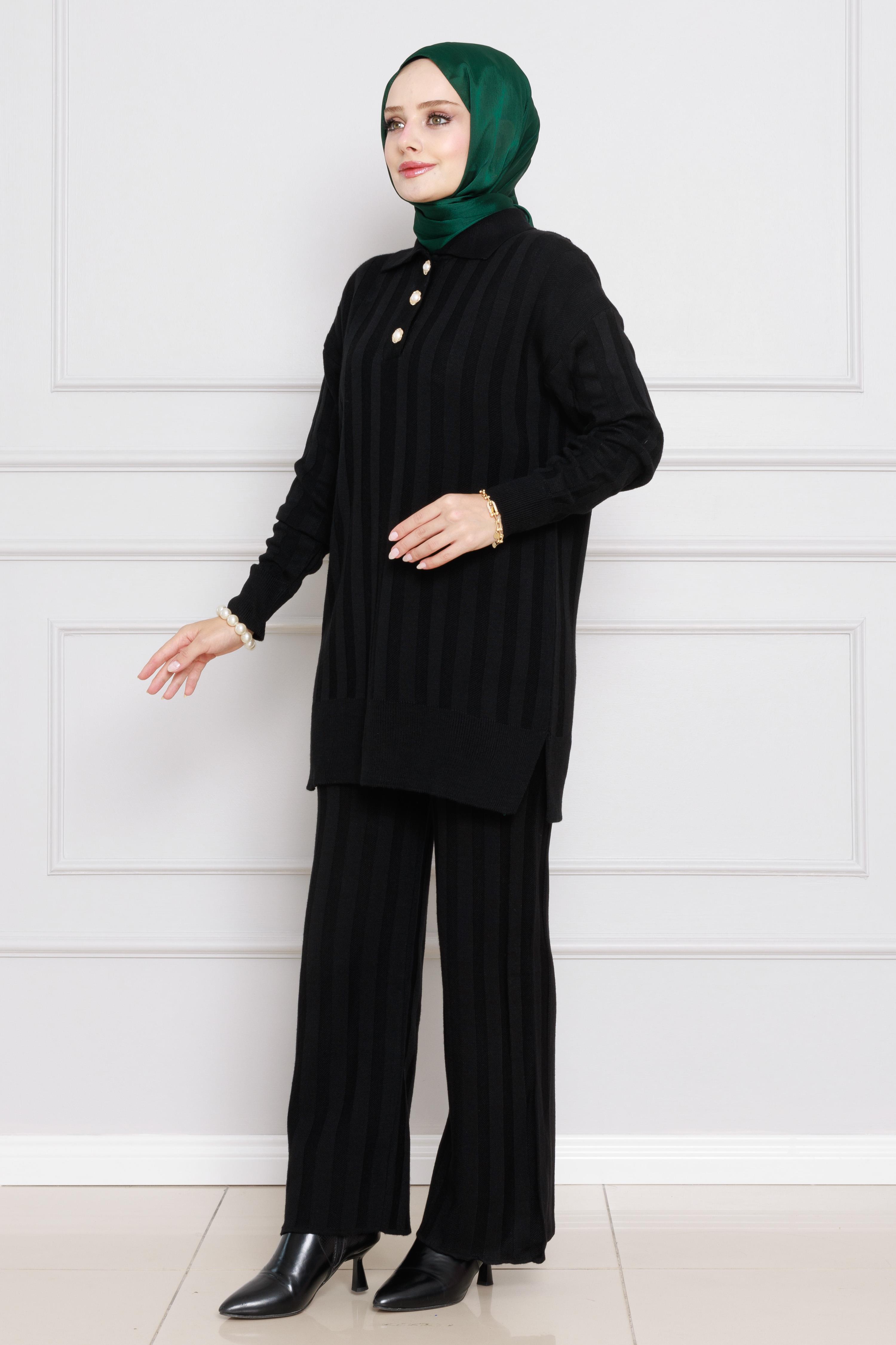 Striped Knitwear Set-black color