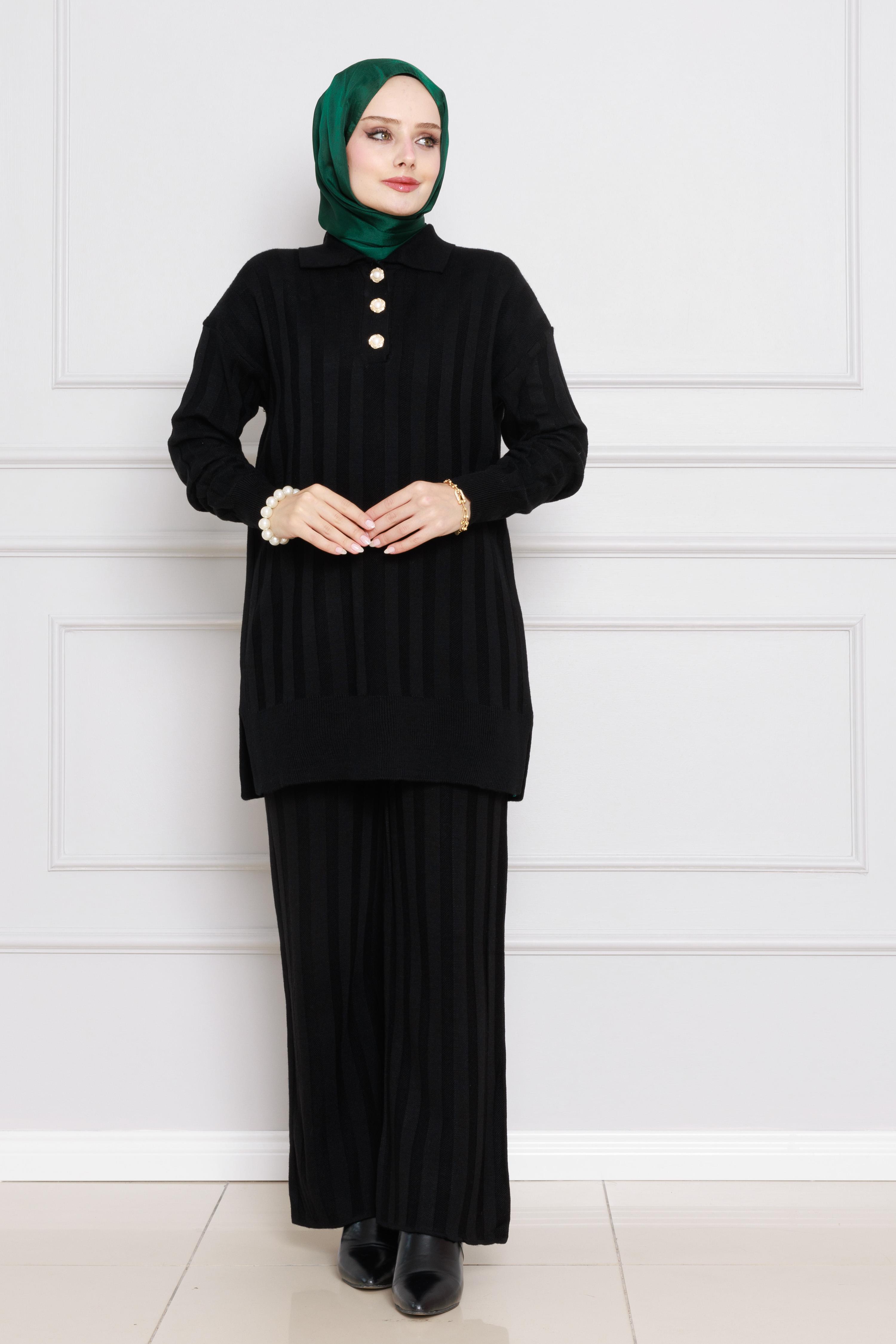 Striped Knitwear Set-black color
