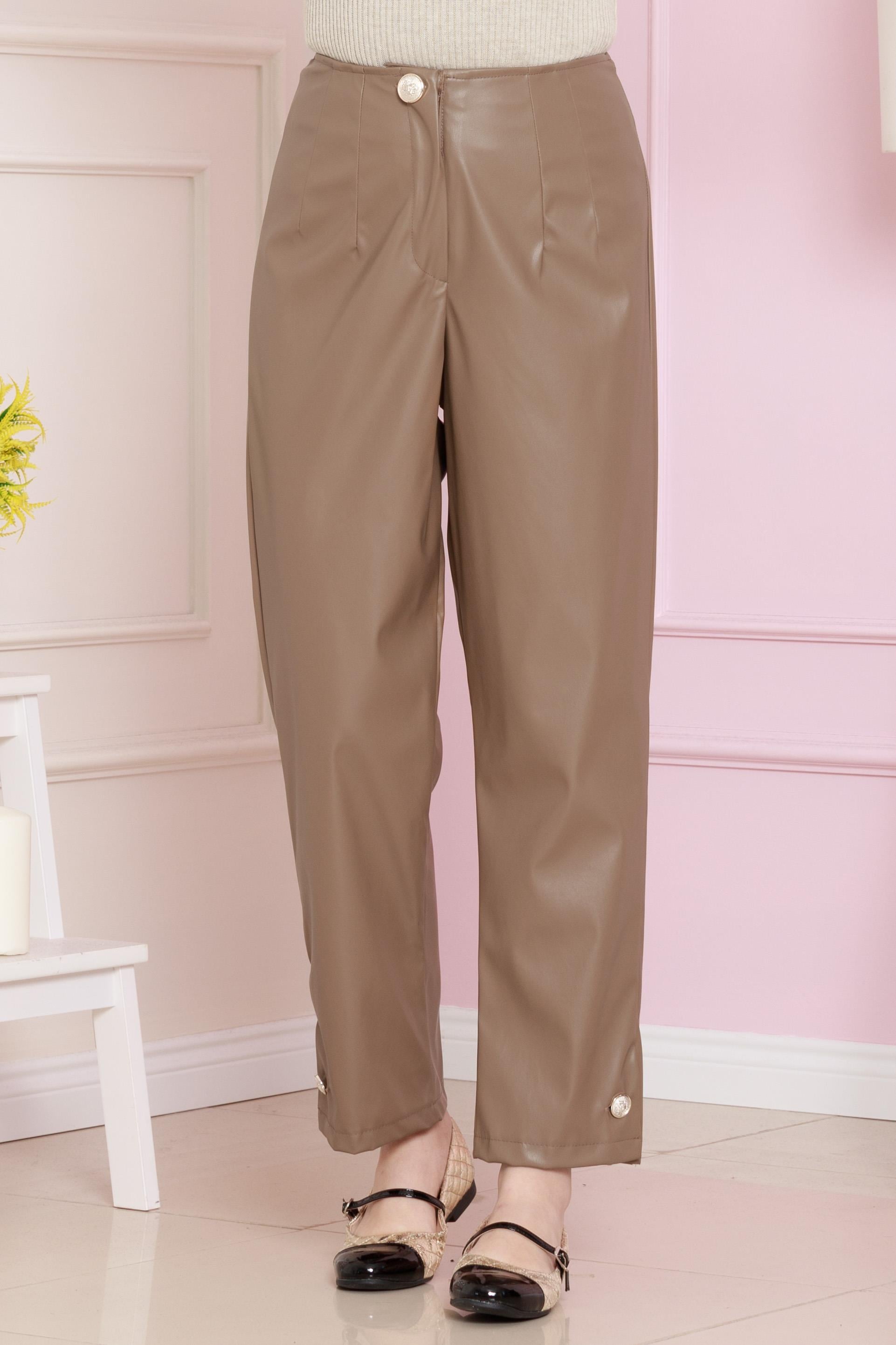leather buttoned trousers mink color