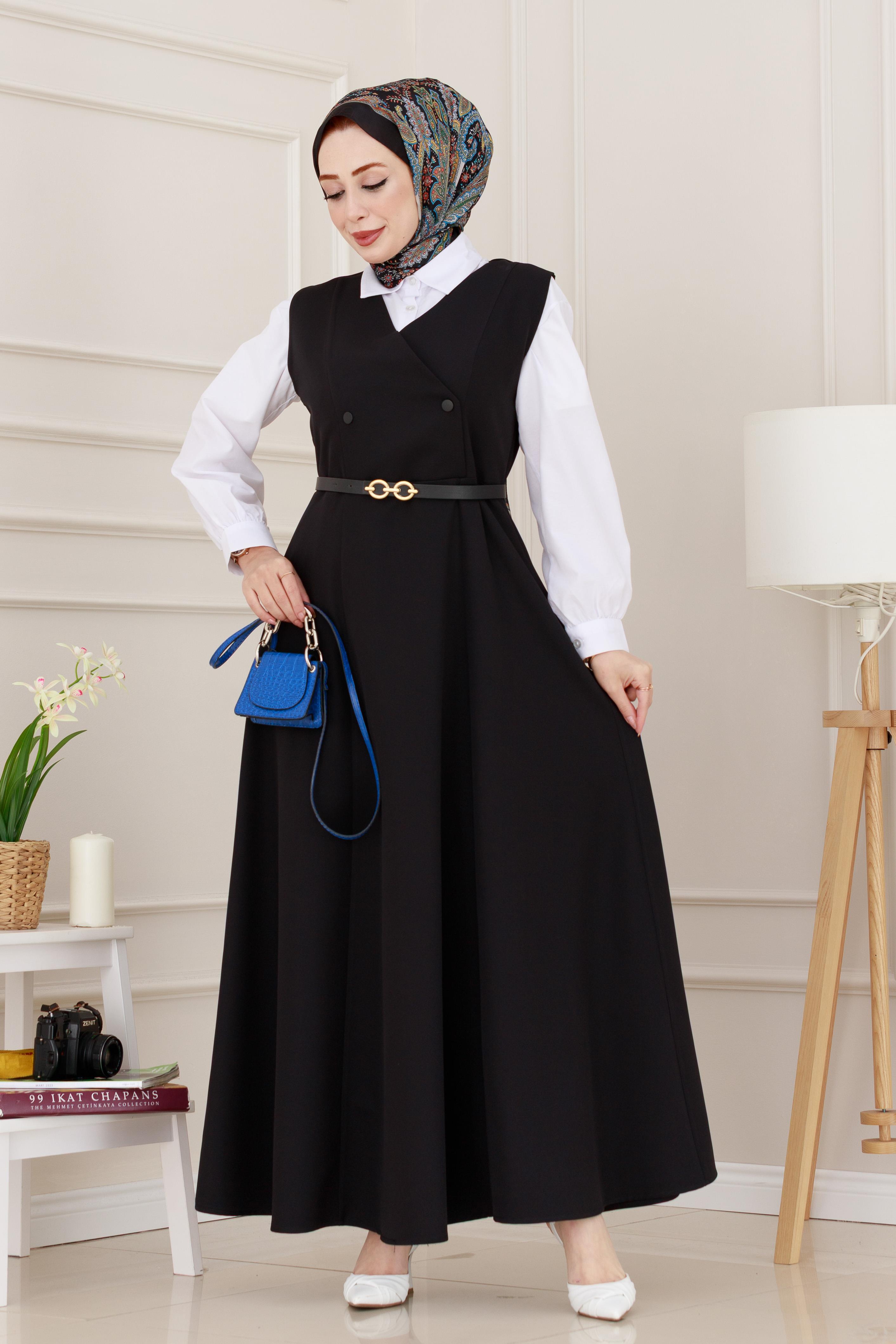 Düğme Detaylı Kemerli Jile-Siyah