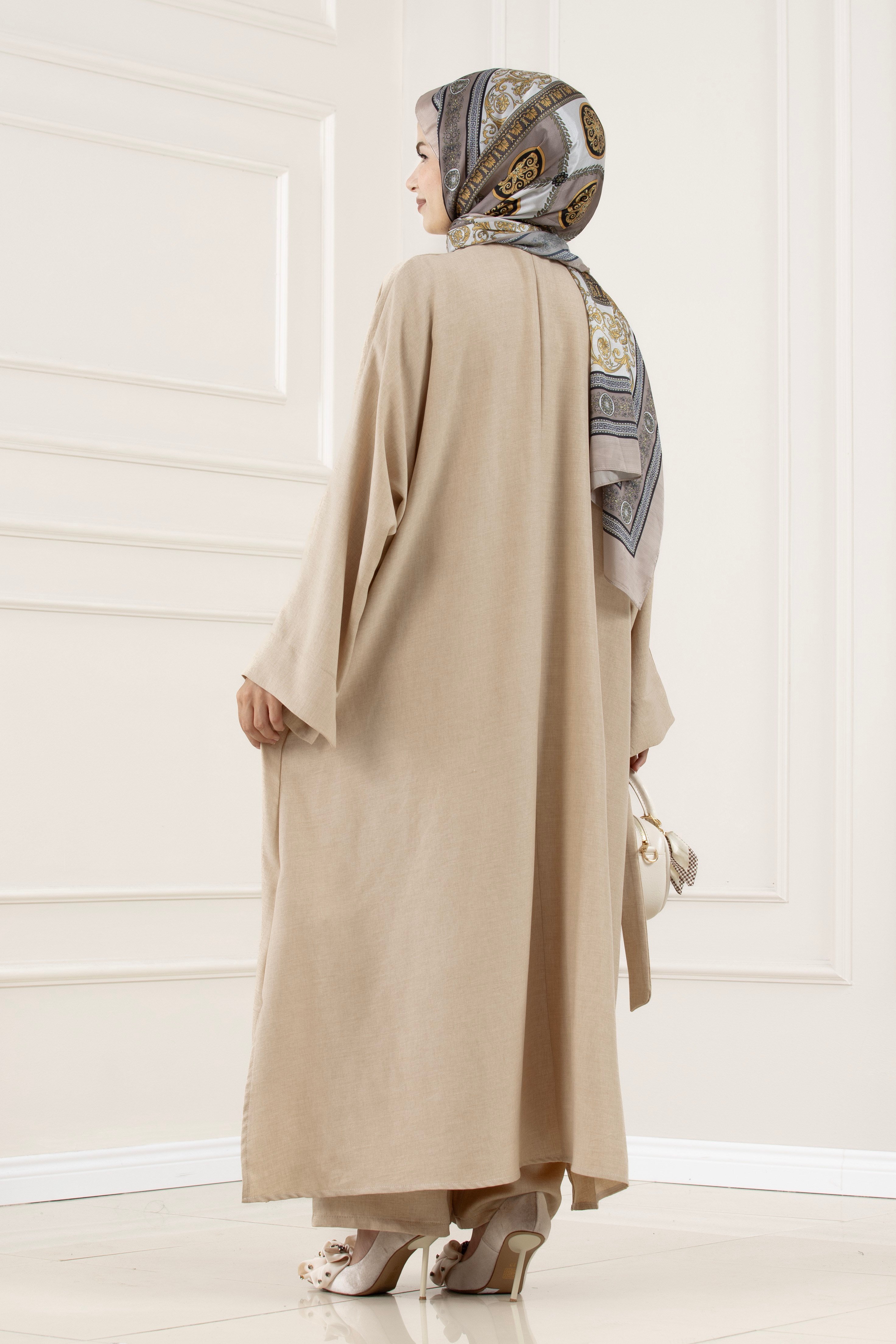 Düğmeli Davin Abaya İkili Takım-BEJ