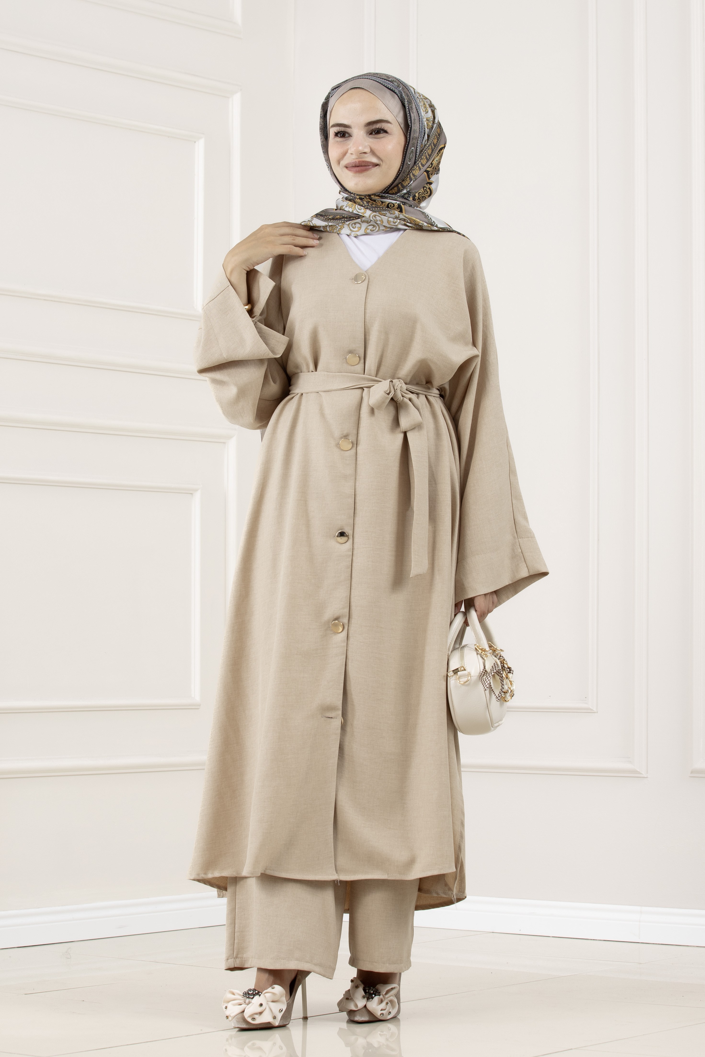 Düğmeli Davin Abaya İkili Takım-BEJ
