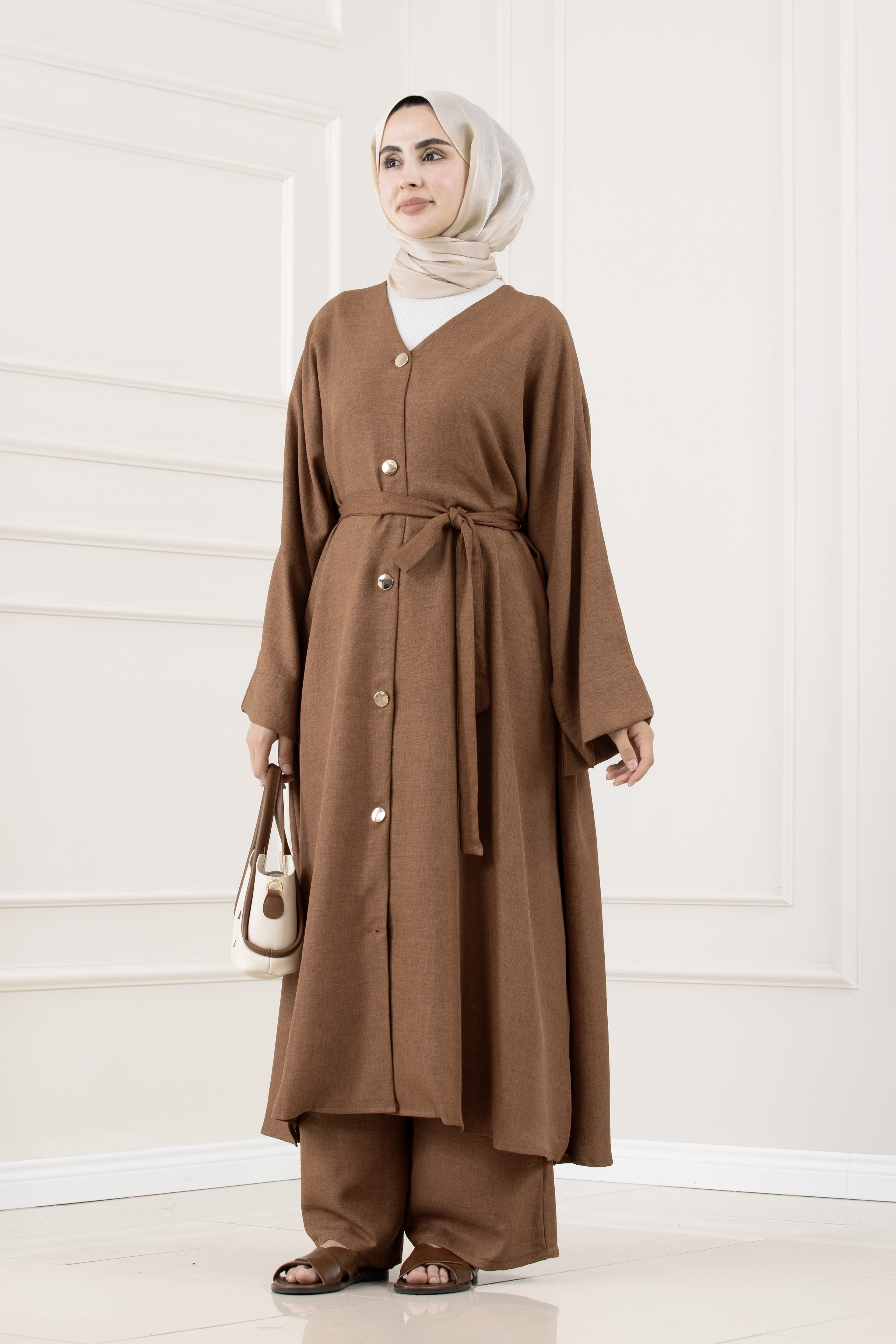 Düğmeli Davin Abaya İkili Takım-KAHVERENGİ