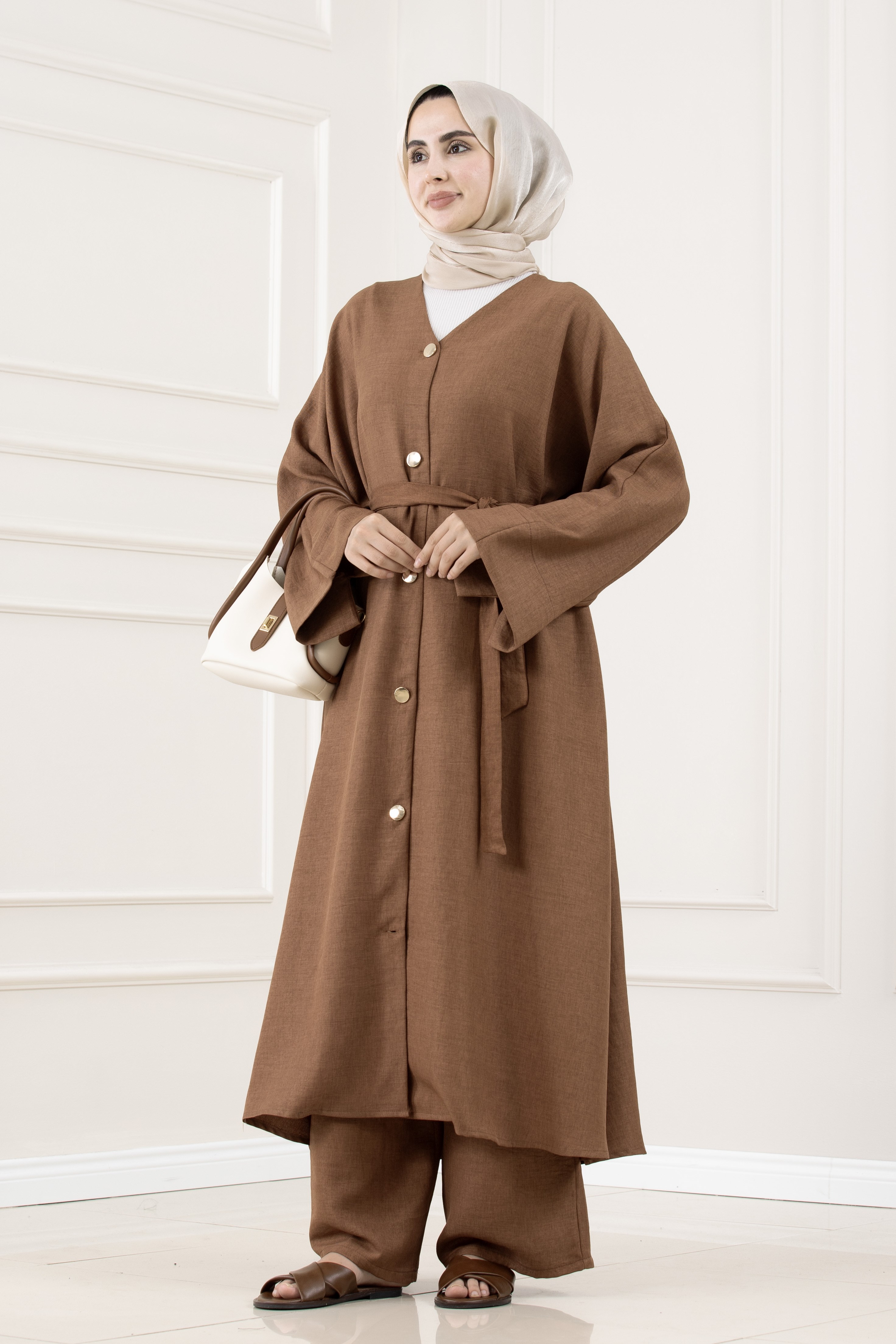 Düğmeli Davin Abaya İkili Takım-KAHVERENGİ