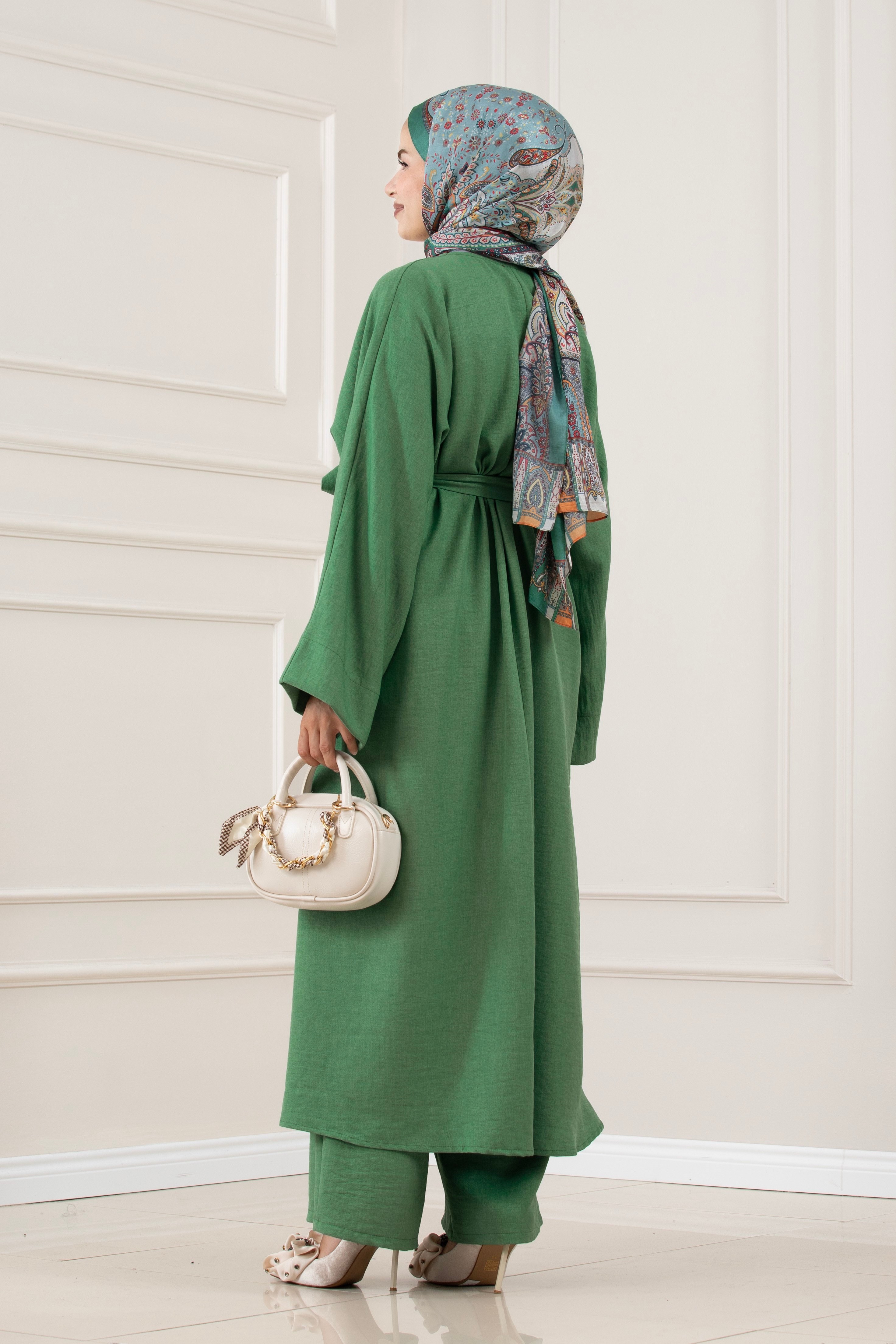 Düğmeli Davin Abaya İkili Takım-YEŞİL