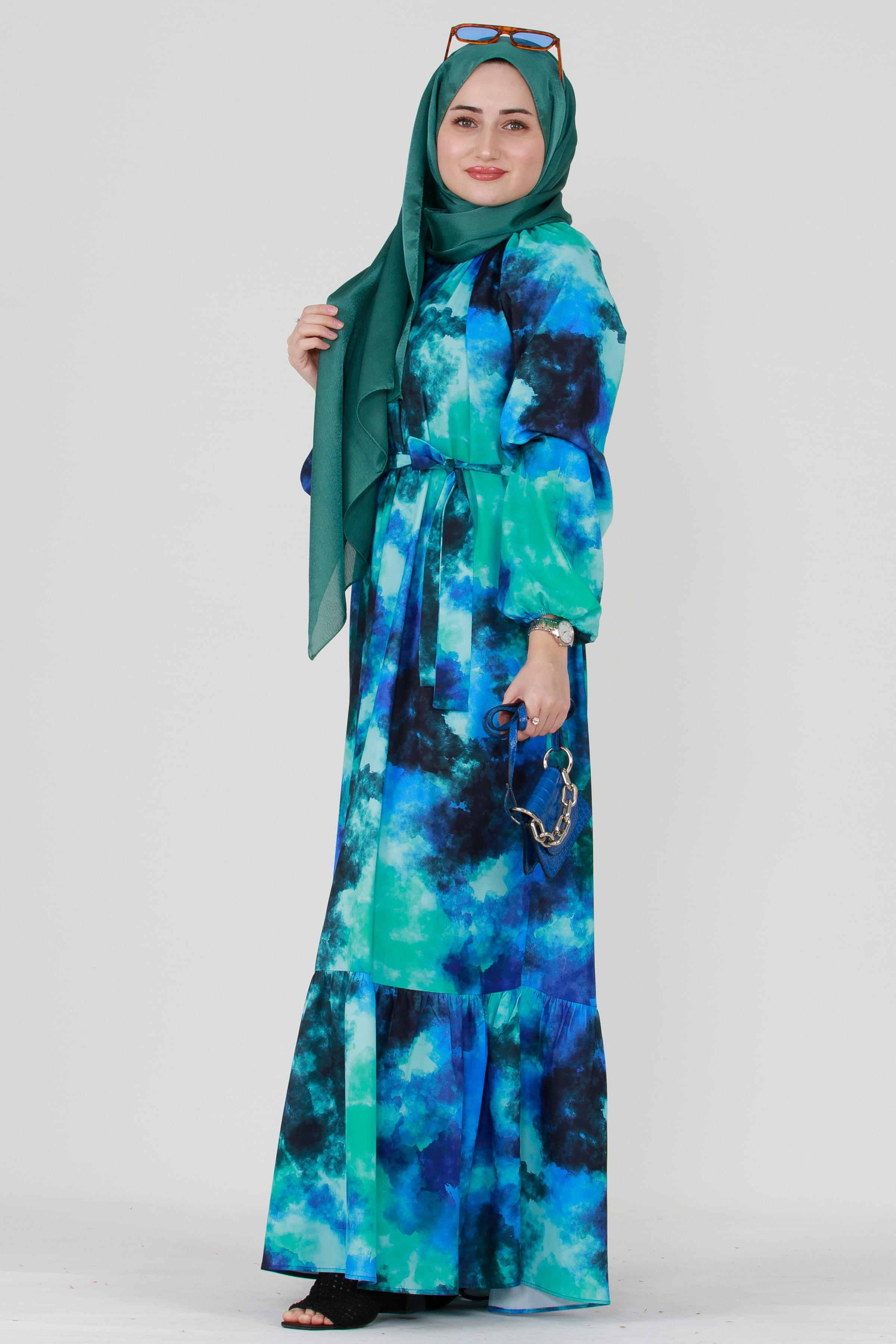 Marbled Belted Dress - Blue