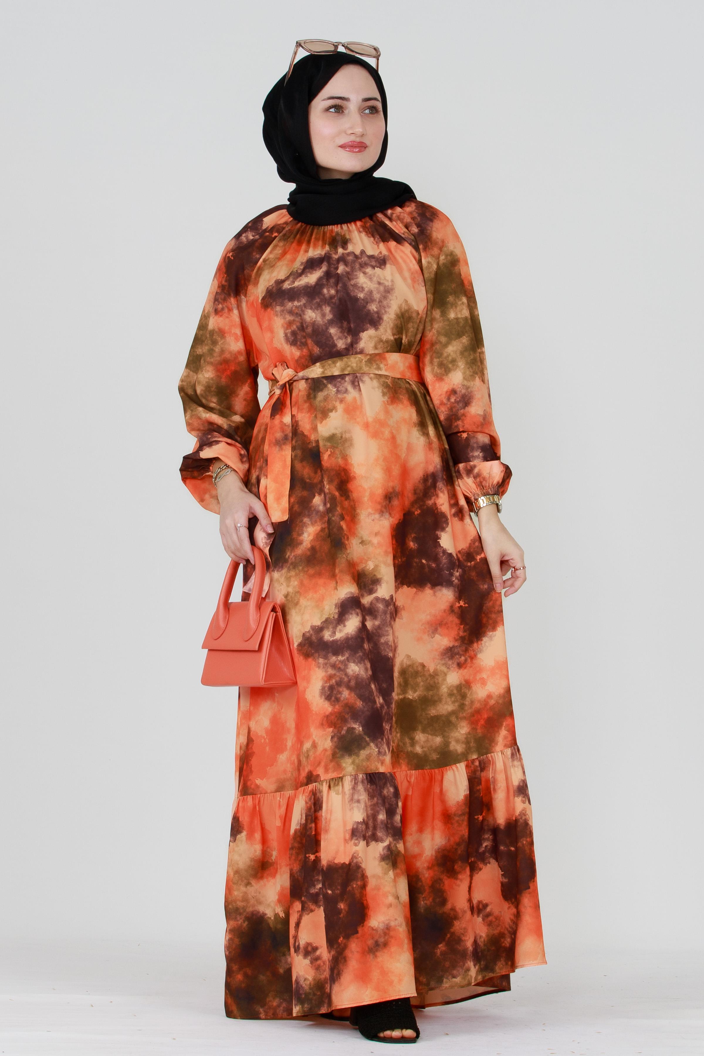 Marbled Belted Dress - Orange