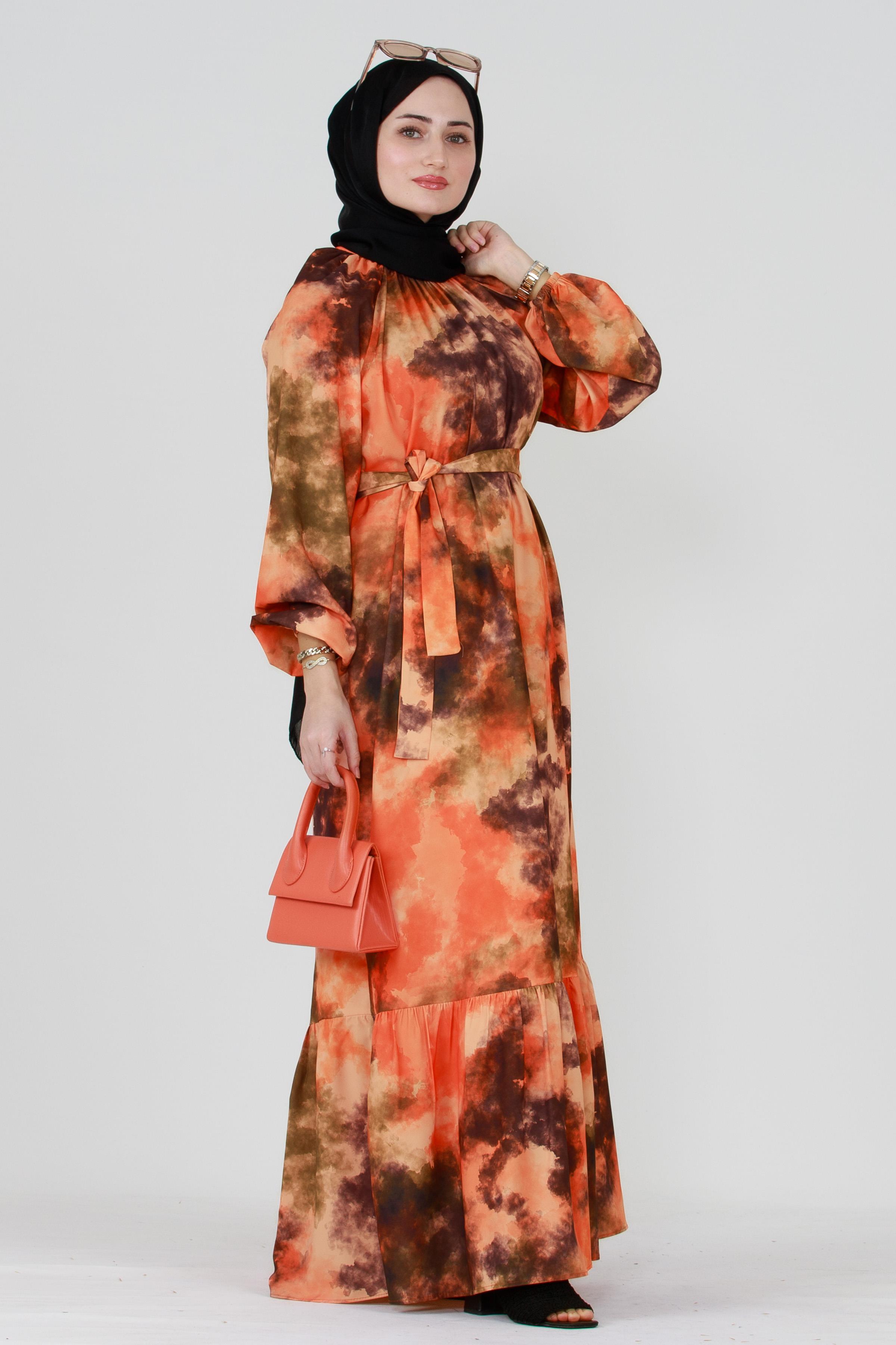 Marbled Belted Dress - Orange