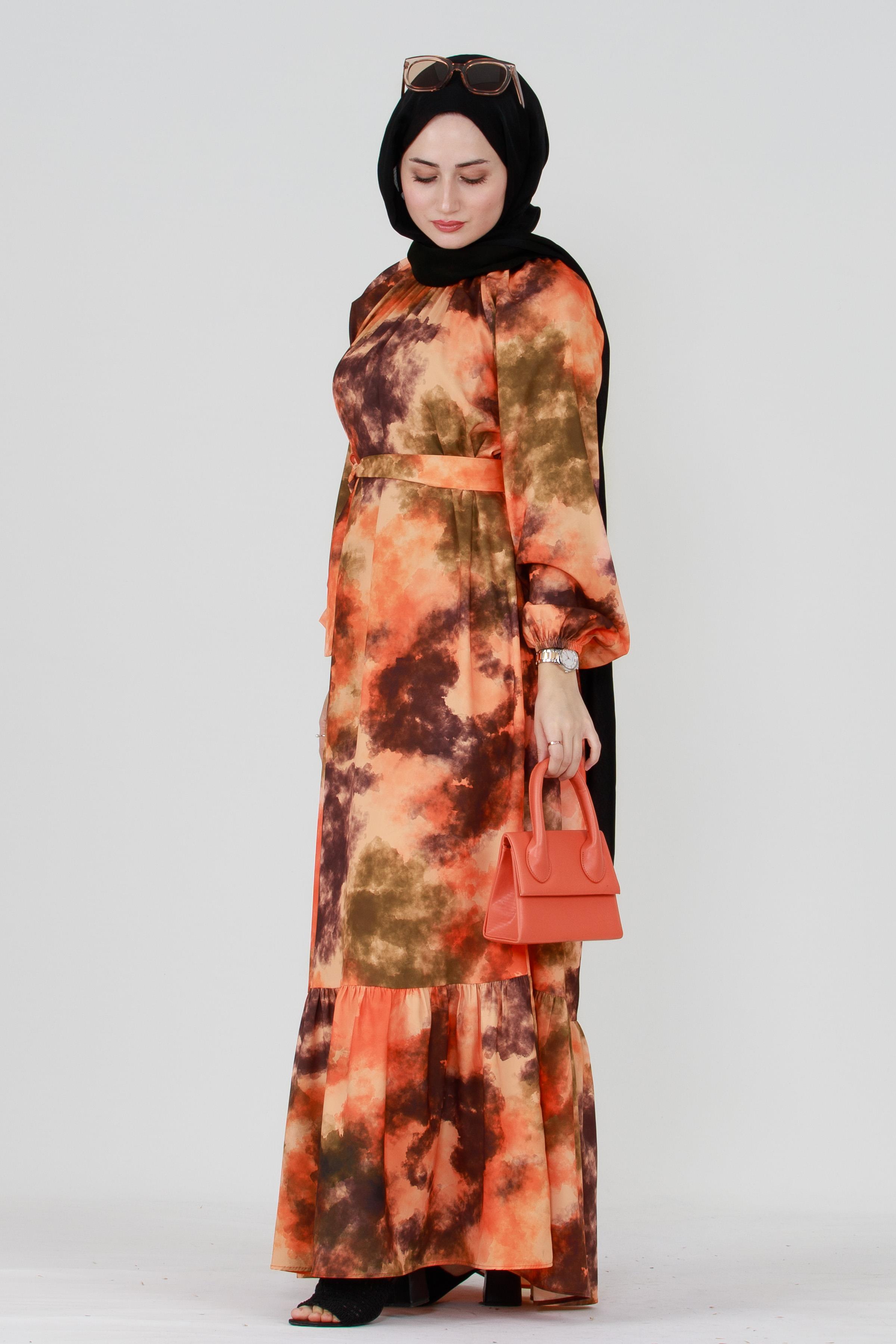Marbled Belted Dress - Orange