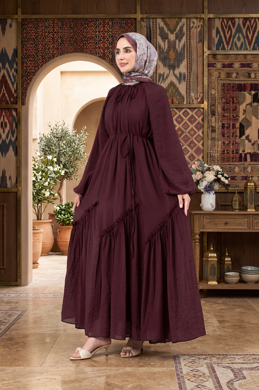 Eteği Pileli Tesettür Elbise-MÜRDÜM