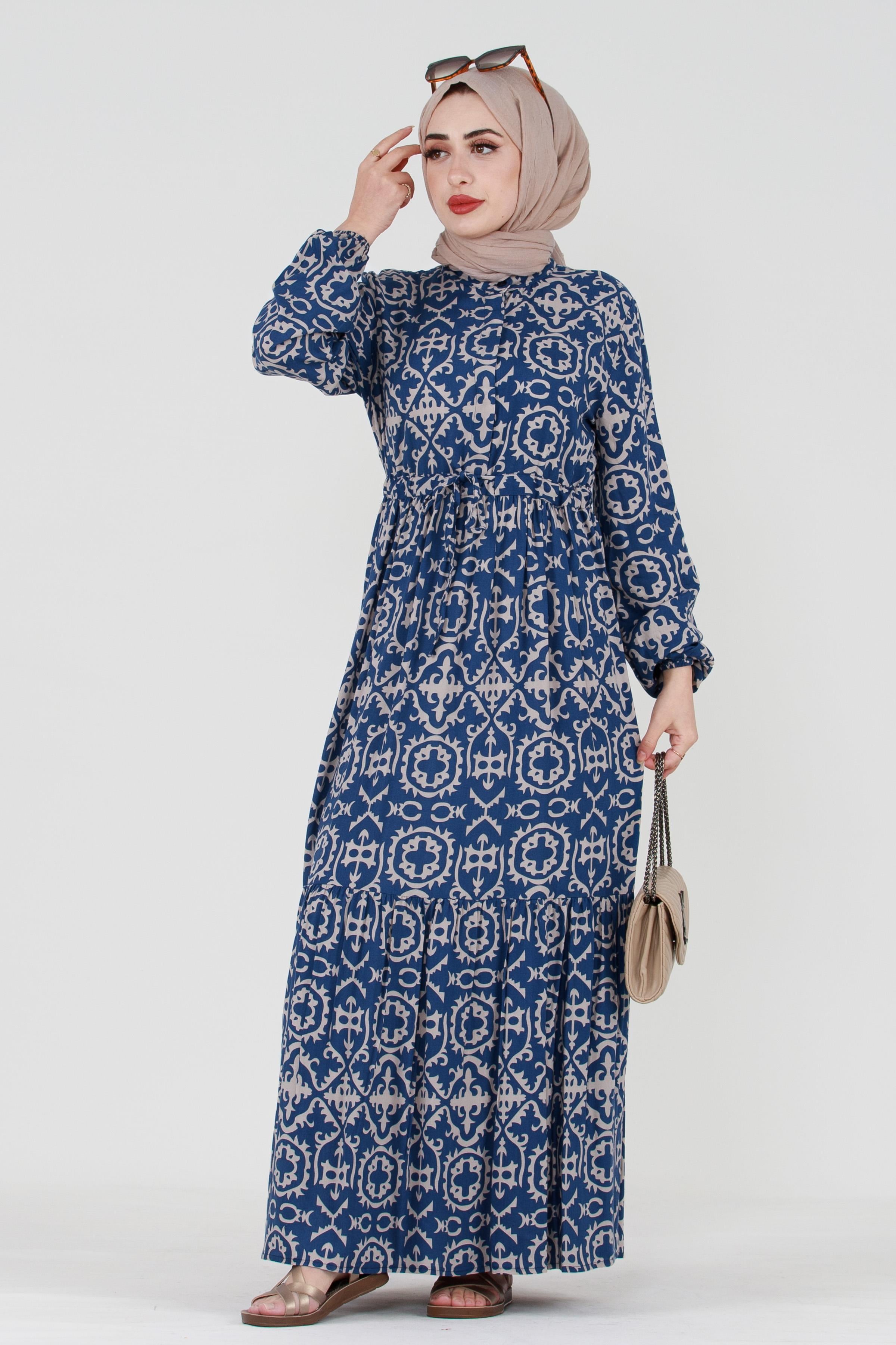 Ethnic Patterned Belted Viscose Dress - Blue