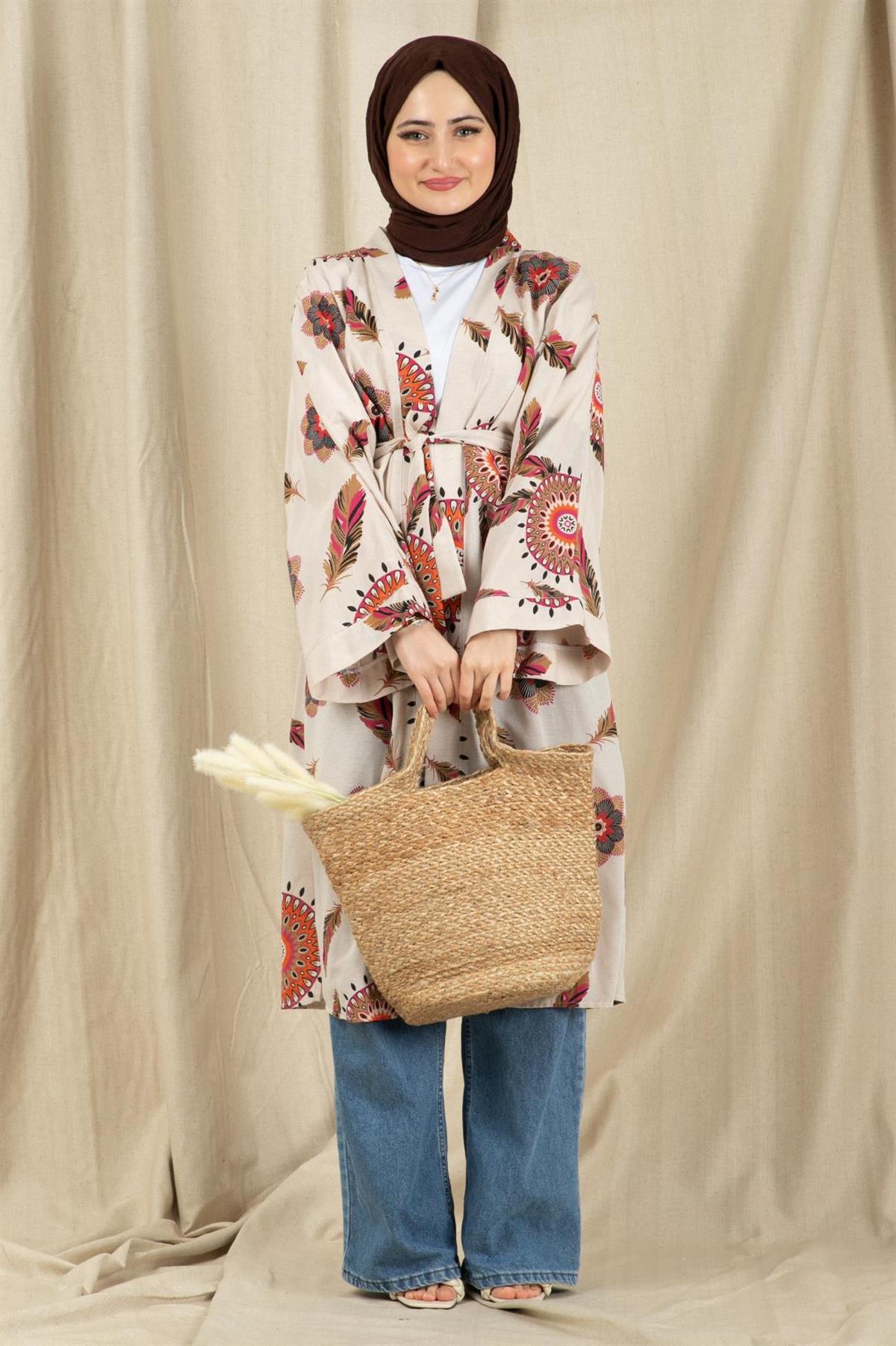 Etnik Desenli Kimono-Fuşya