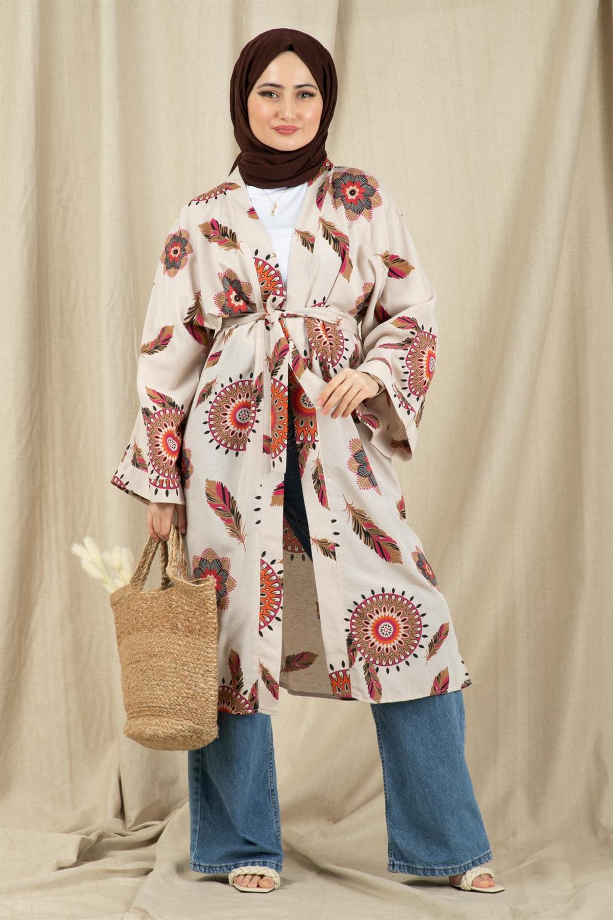 Etnik Desenli Kimono-Fuşya
