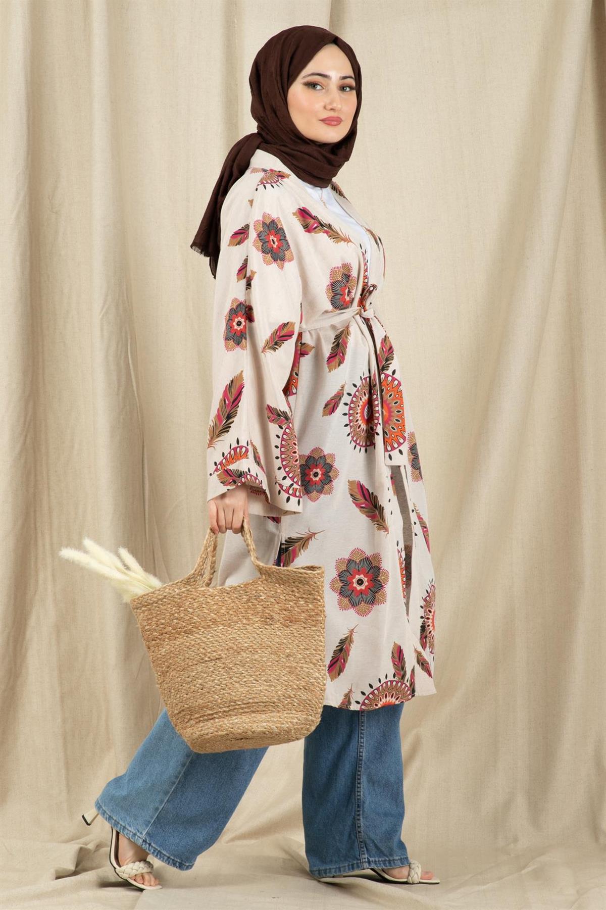 Etnik Desenli Kimono-Fuşya