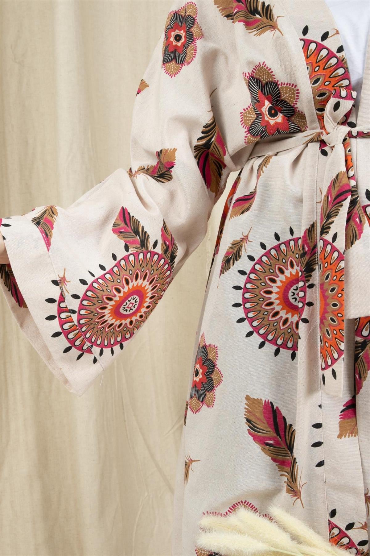 Etnik Desenli Kimono-Fuşya