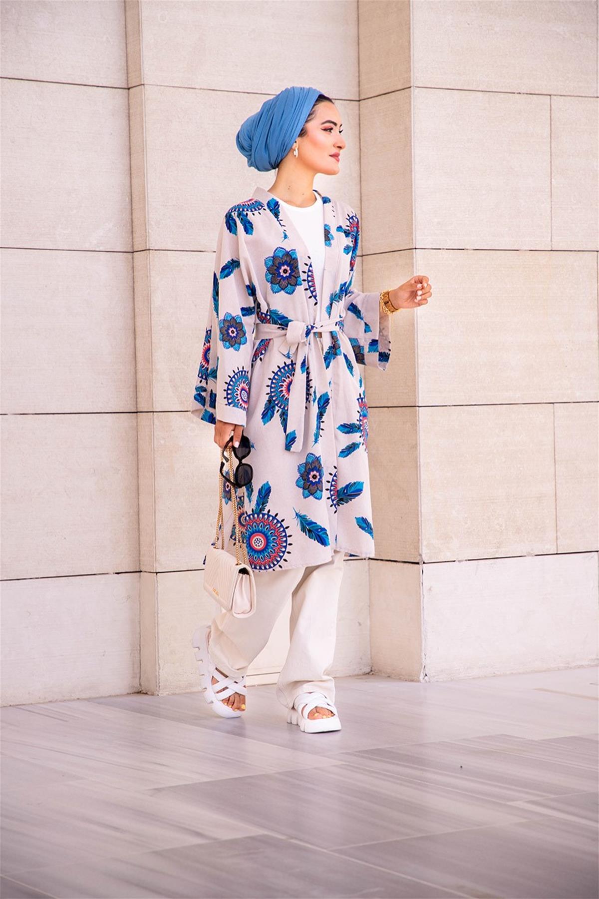 Sumerian Desing Linen Kimono-Blue