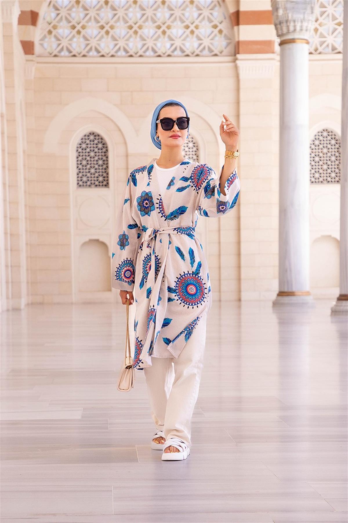 Sumerian Desing Linen Kimono-Blue