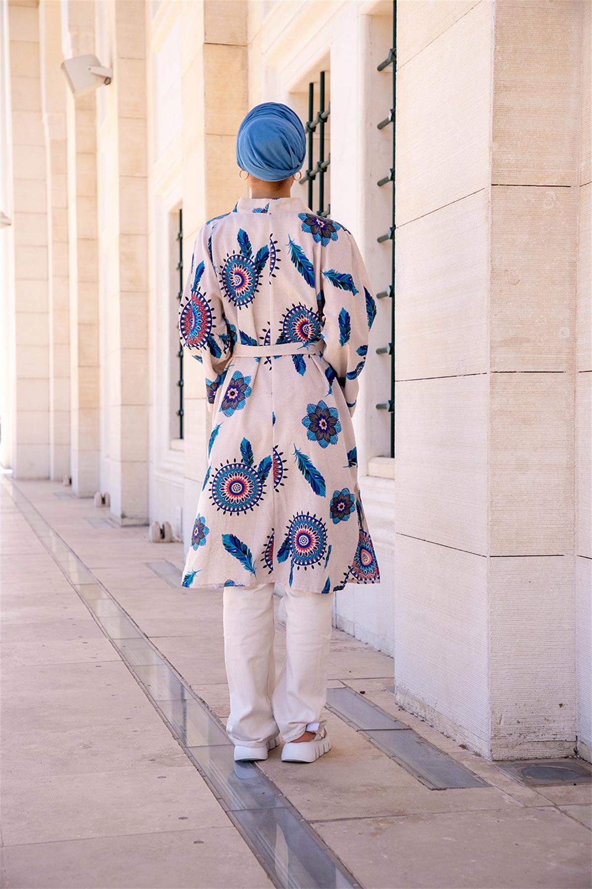 Sumerian Desing Linen Kimono-Blue