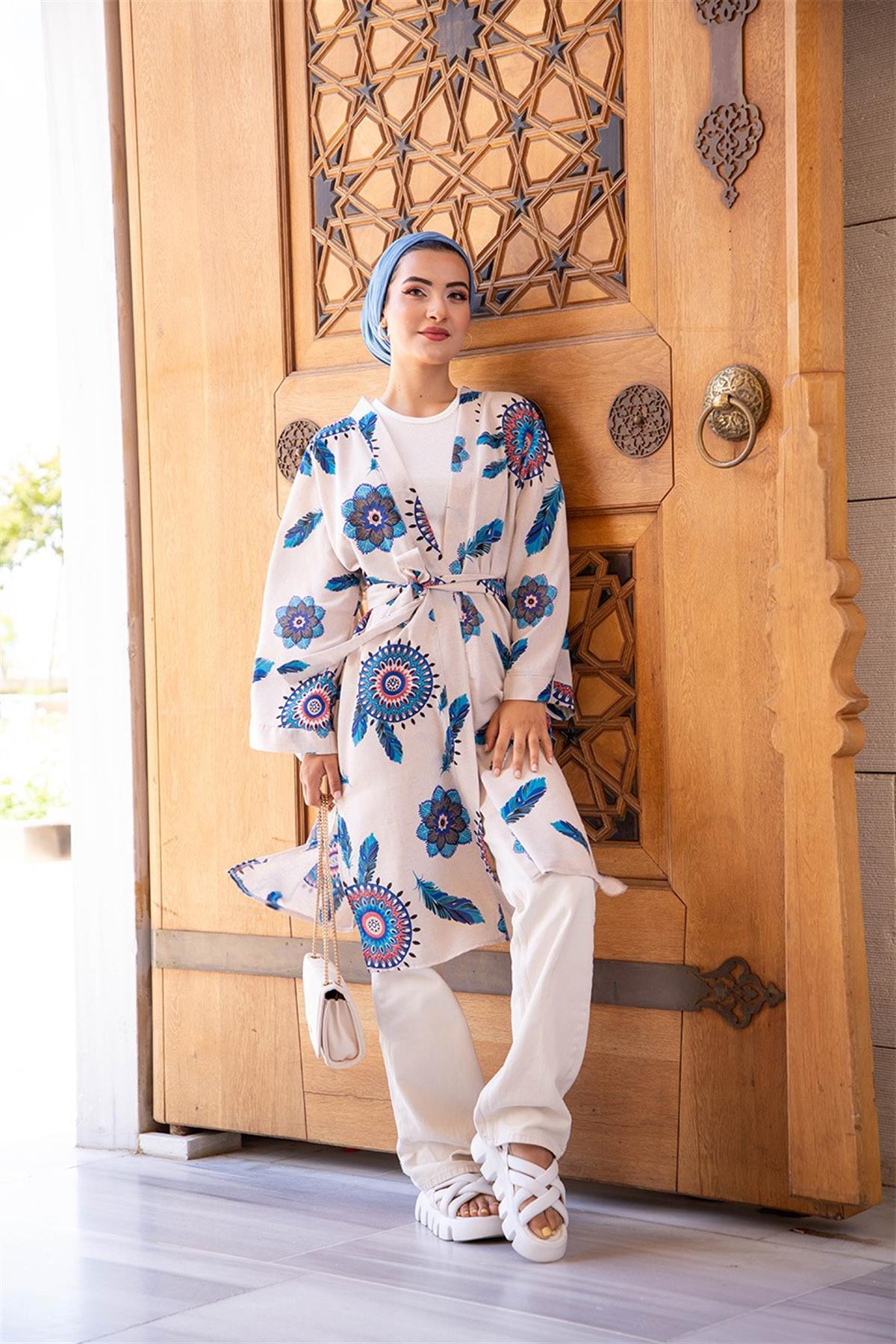 Sumerian Desing Linen Kimono-Blue