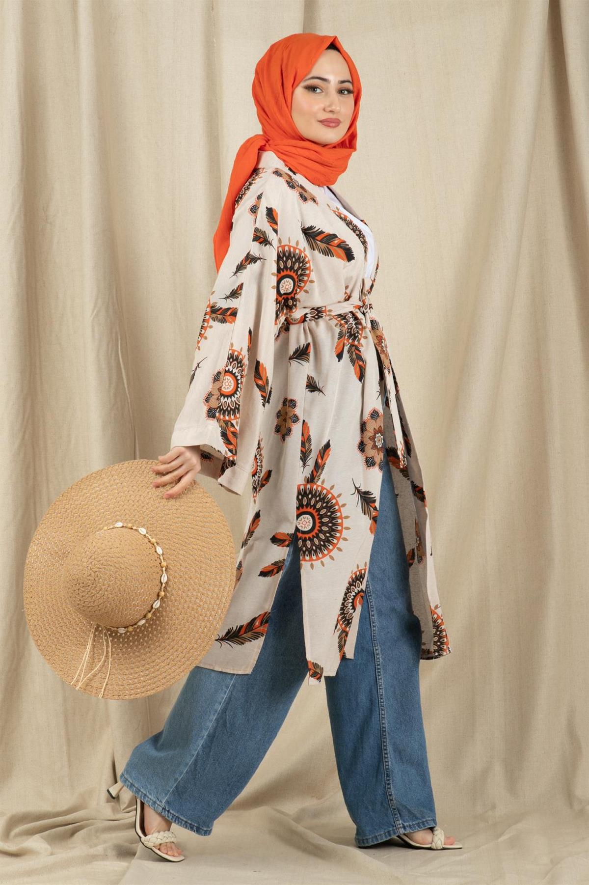 Sumerian Desing Linen Kimono-Orange