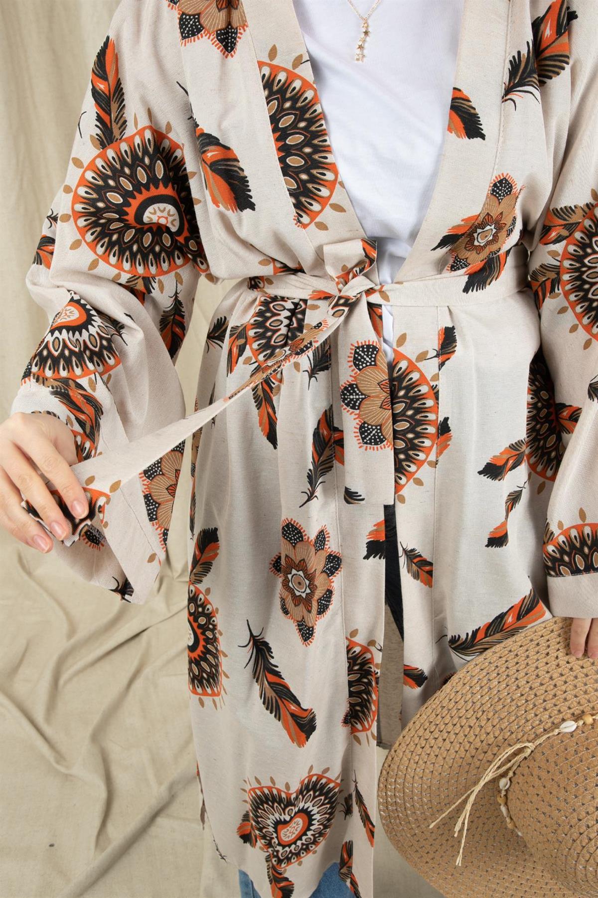 Sumerian Desing Linen Kimono-Orange