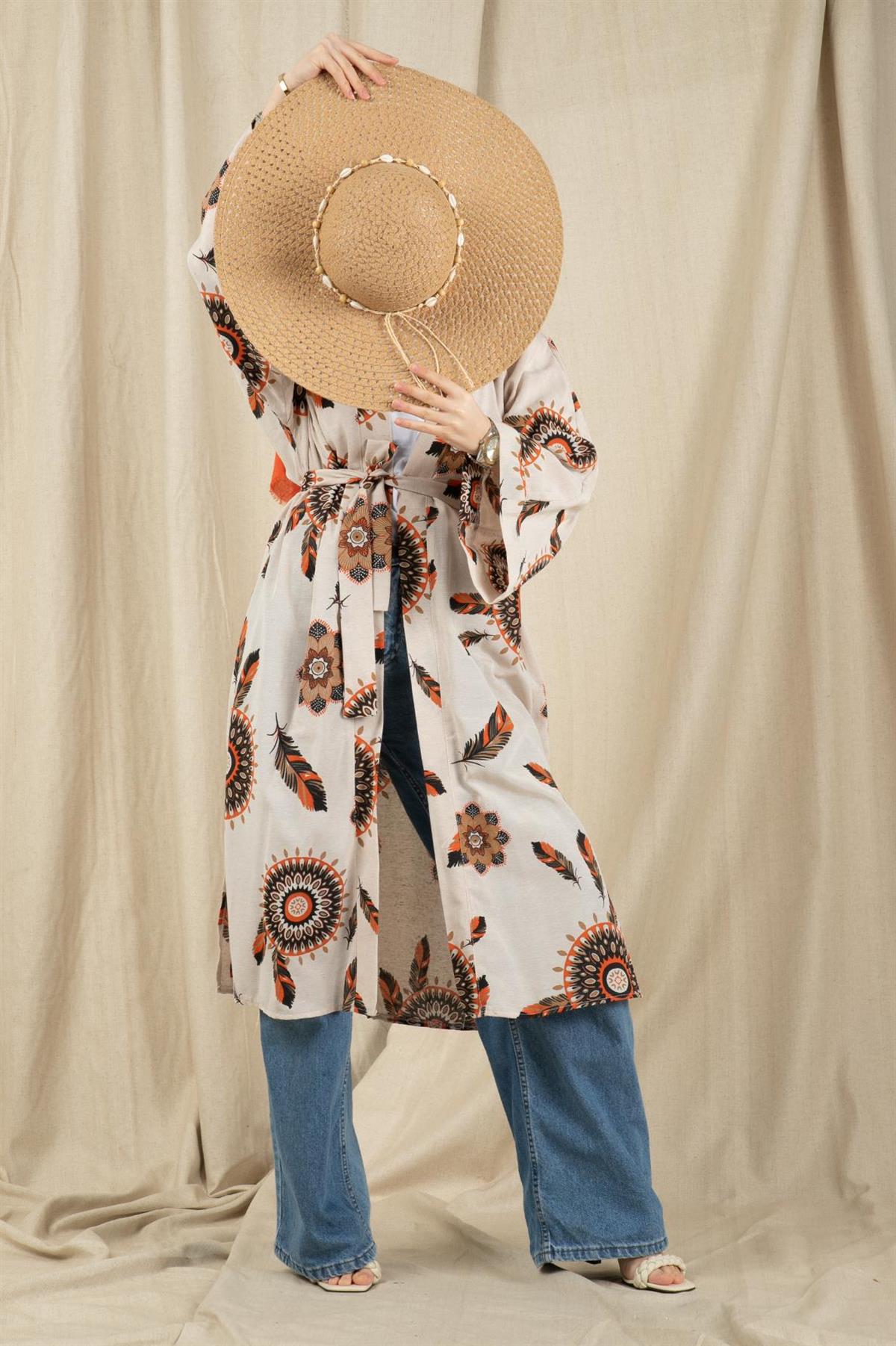 Sumerian Desing Linen Kimono-Orange