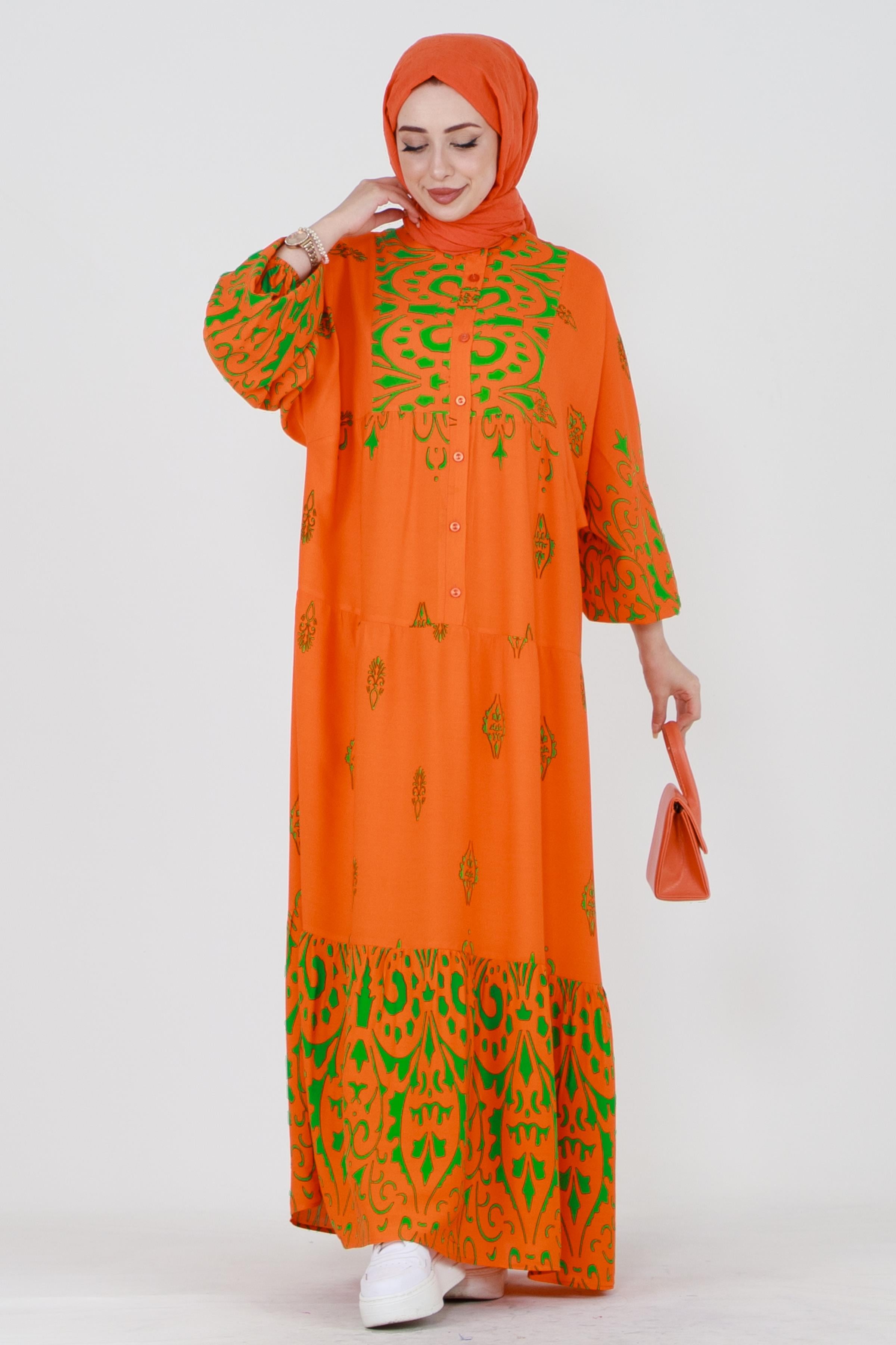 Patterned viscose dress - orange color