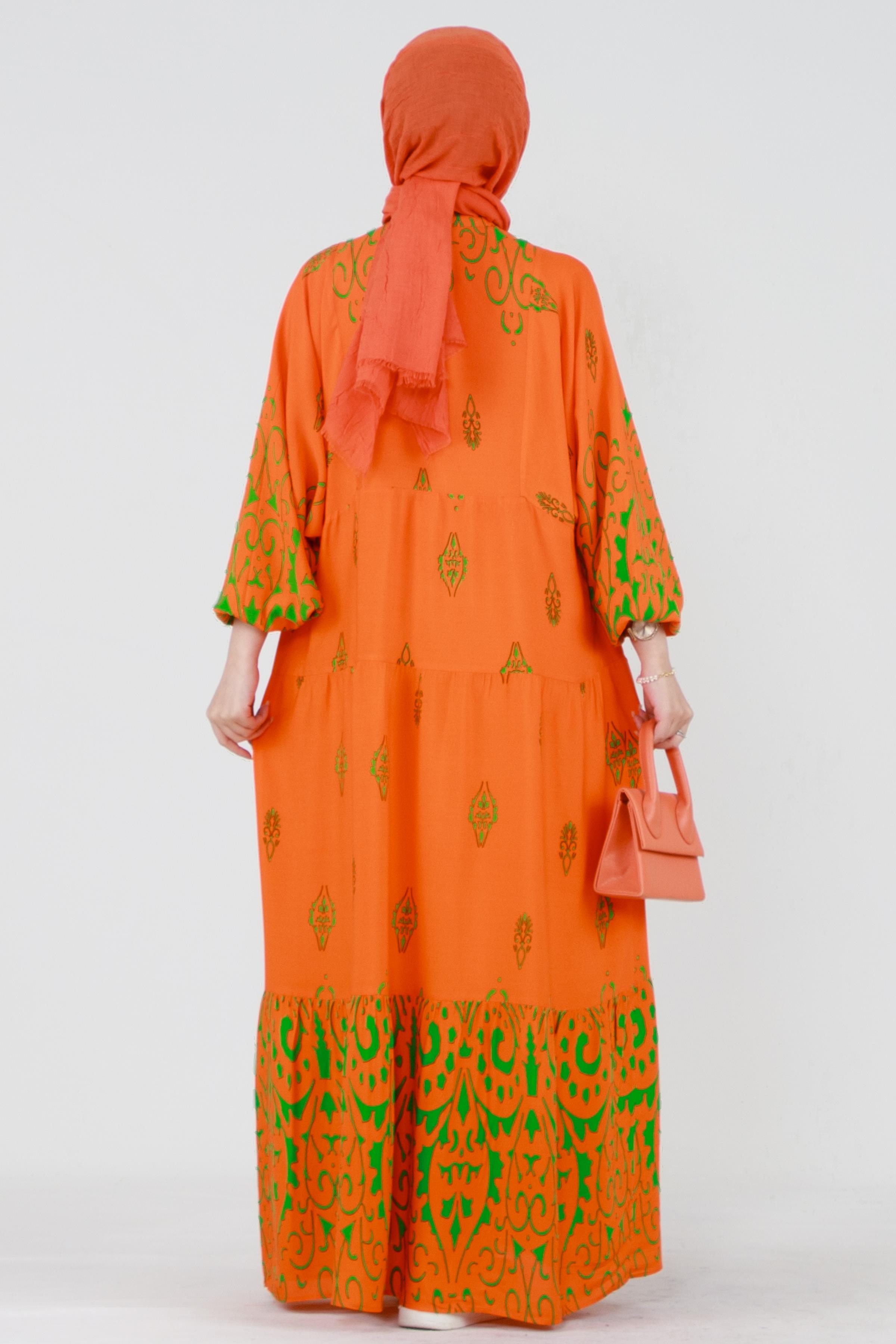 Patterned viscose dress - orange color