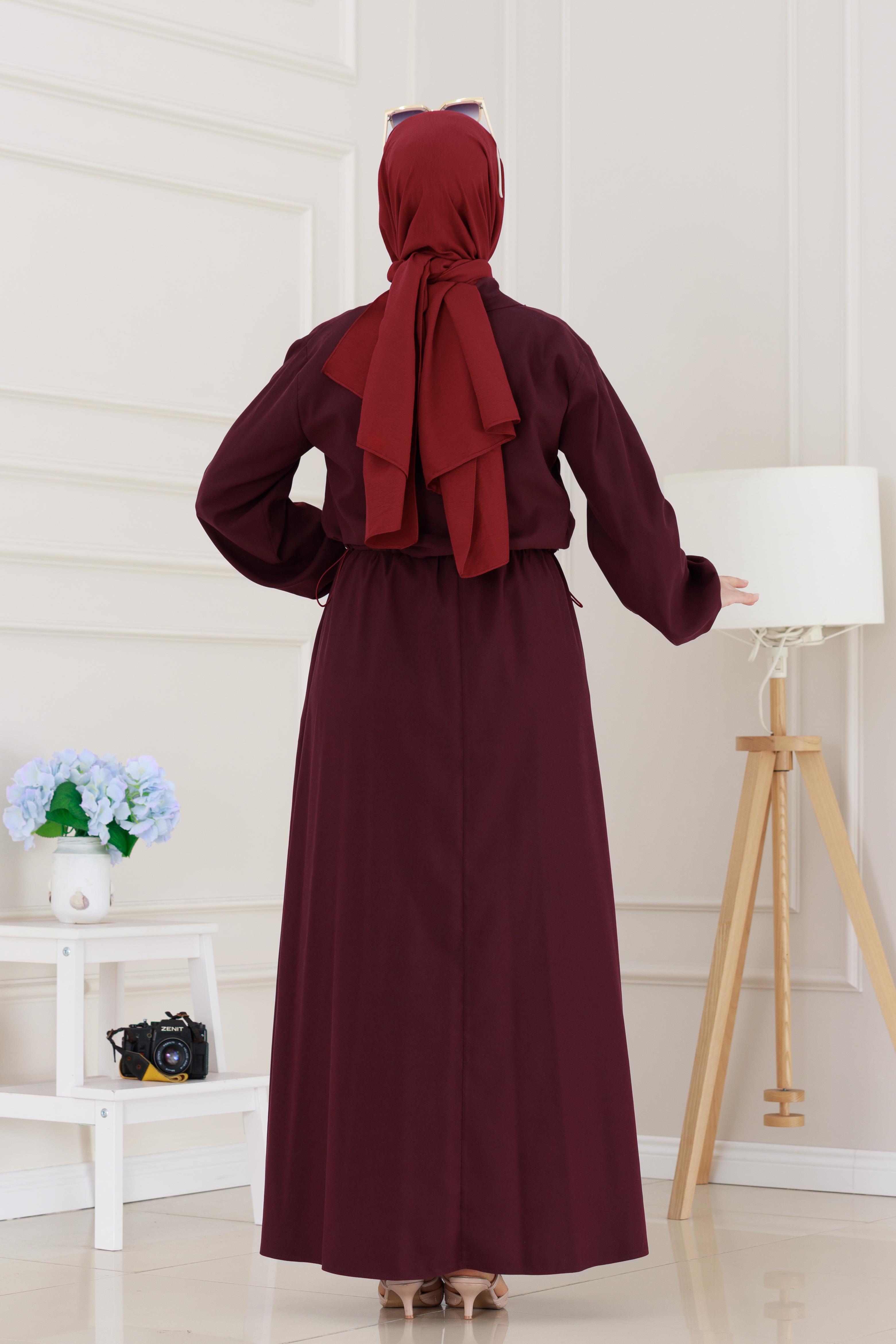 Fermuarlı Cepkenli Jile Elbise-Bordo