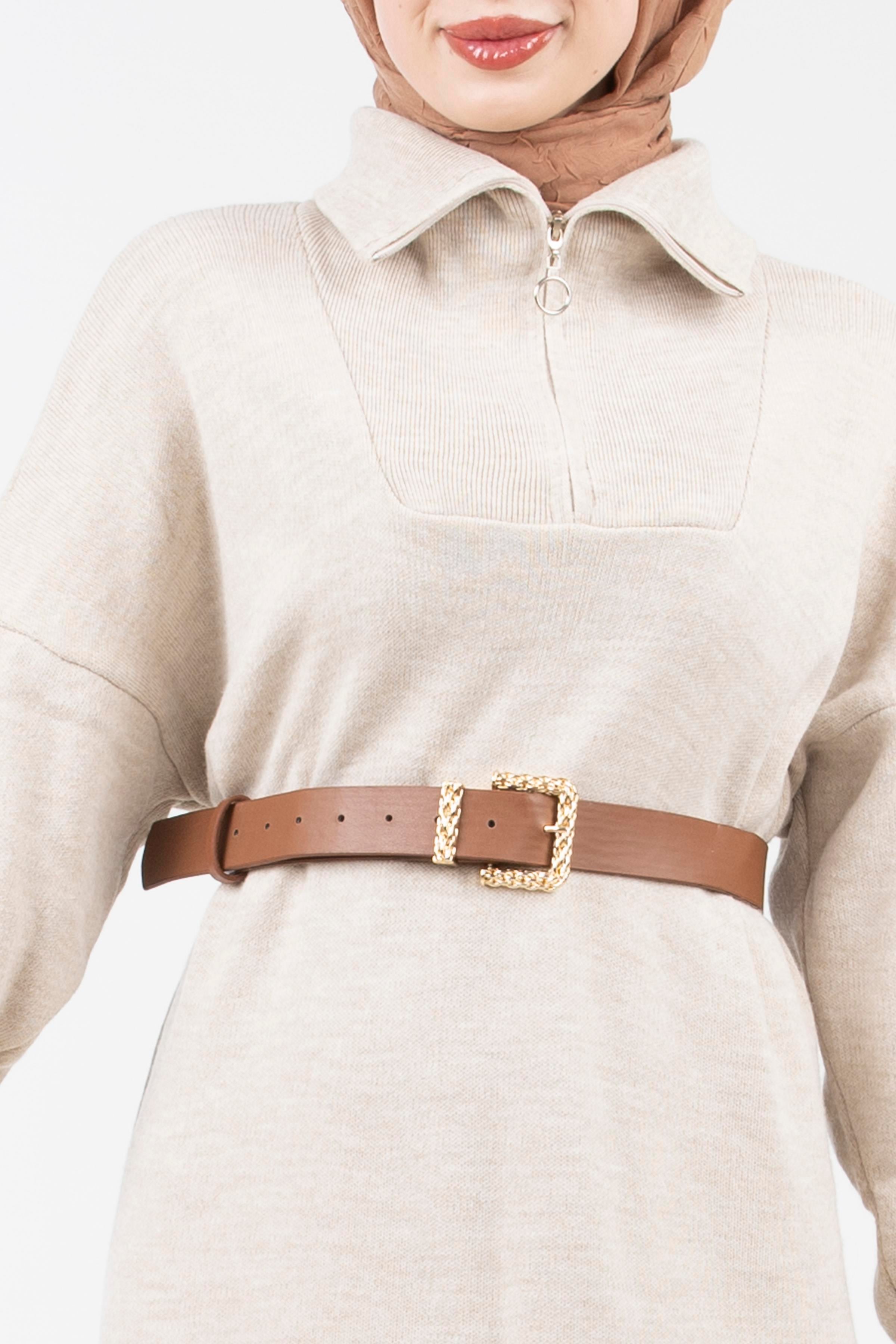 Zippered Truck Collar Knit Dress-Beige
