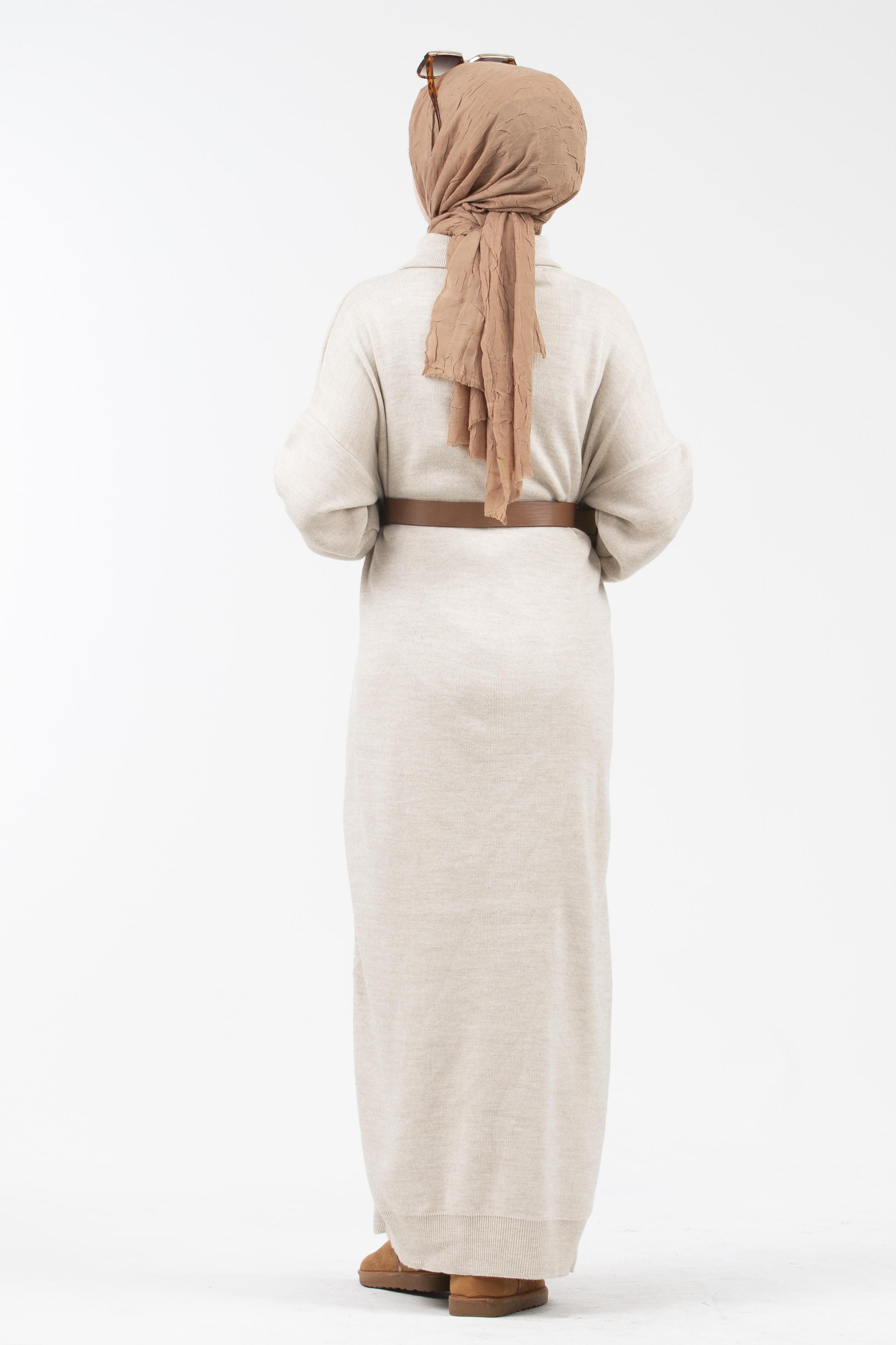 Zippered Truck Collar Knit Dress-Beige