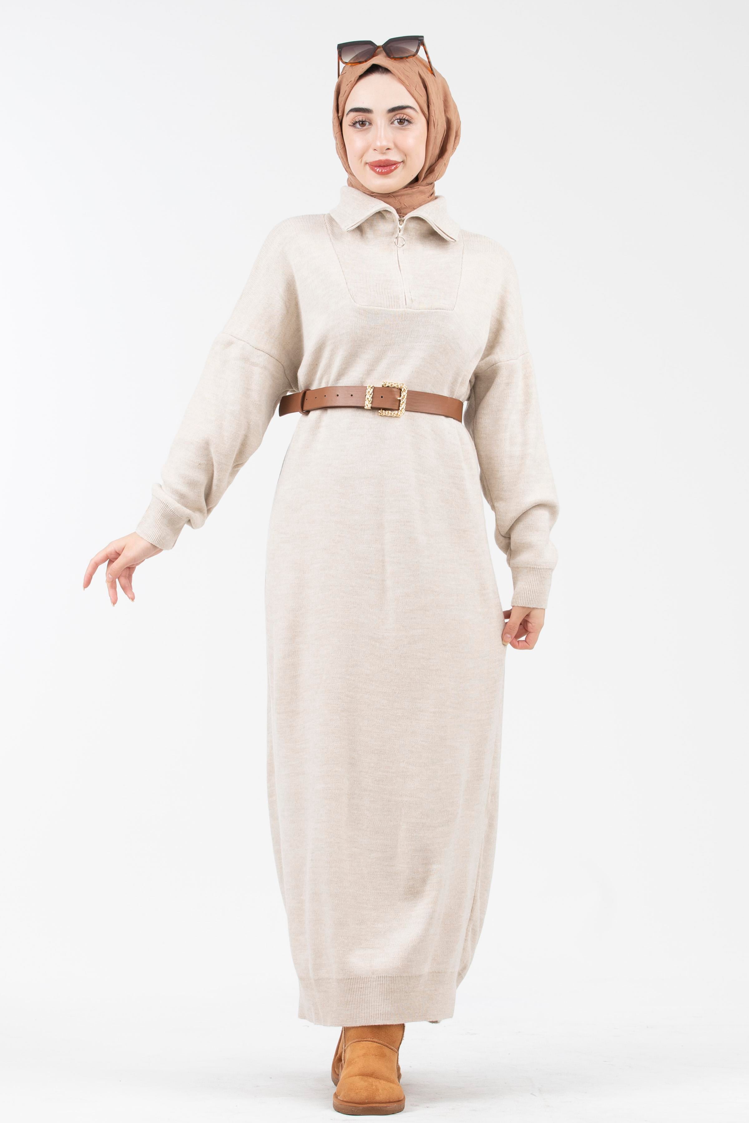 Zippered Truck Collar Knit Dress-Beige