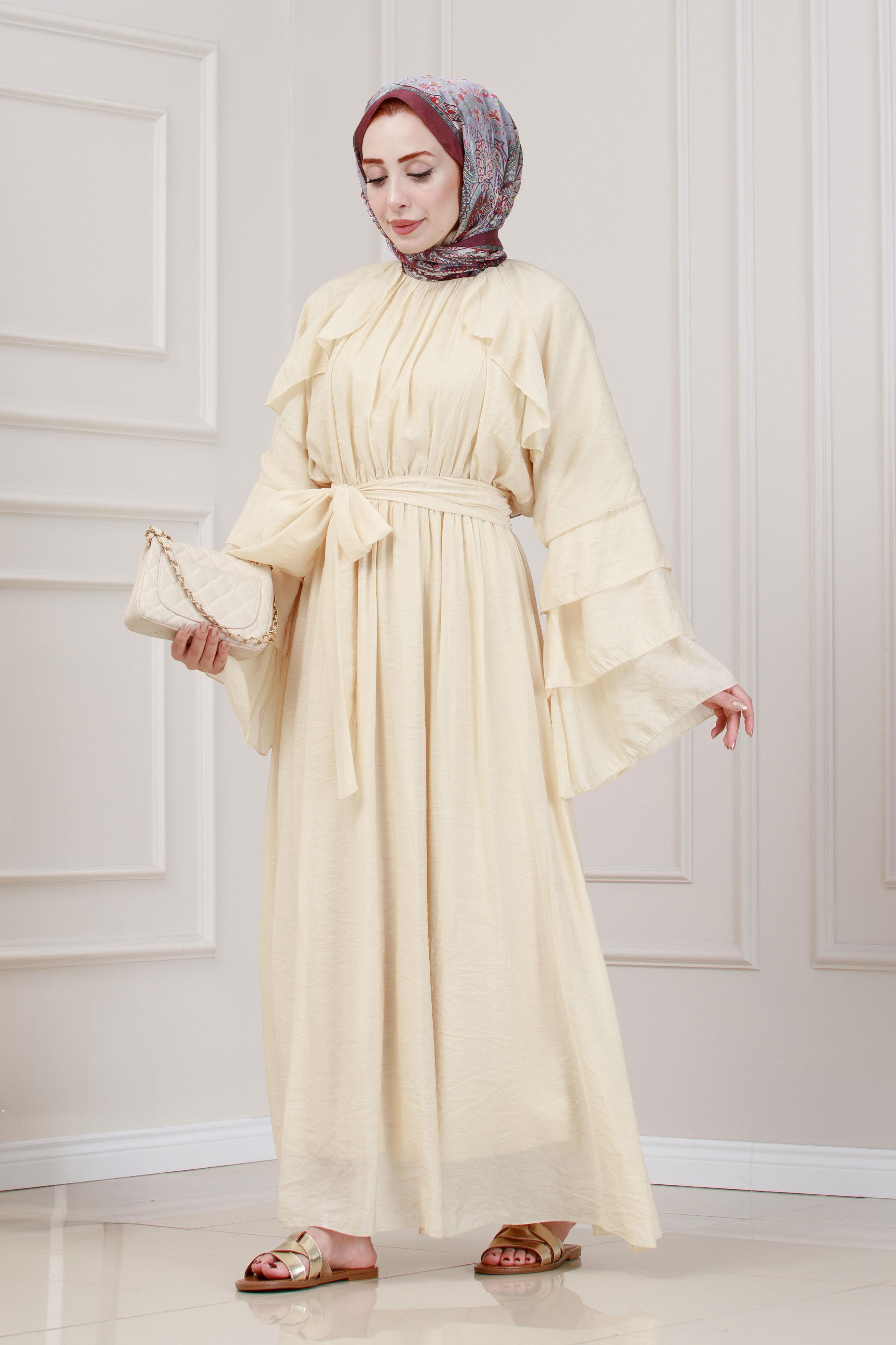 Fırfır Detaylı Lora Elbise-Krem