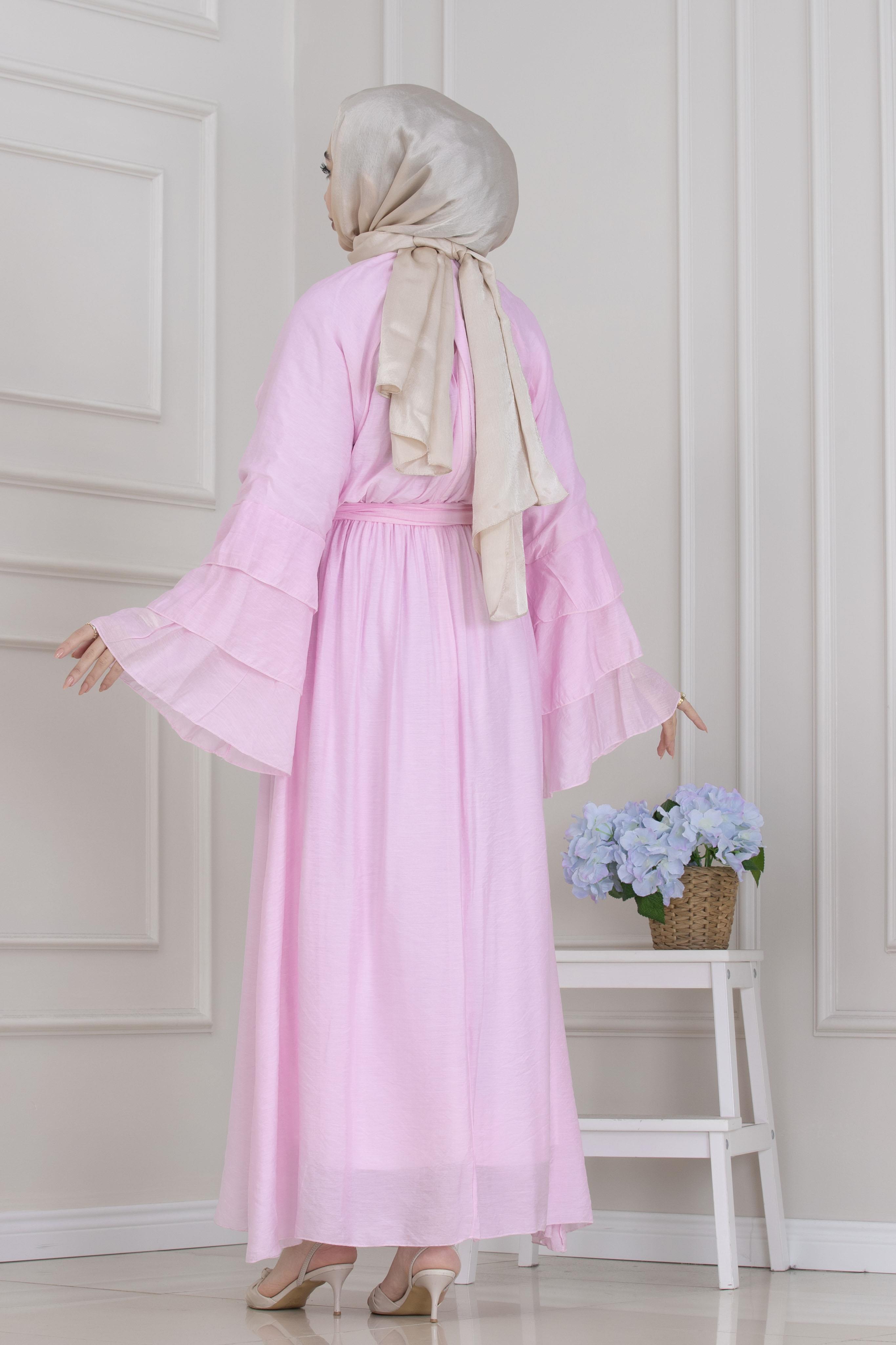 Fırfır Detaylı Lora Elbise-Pembe