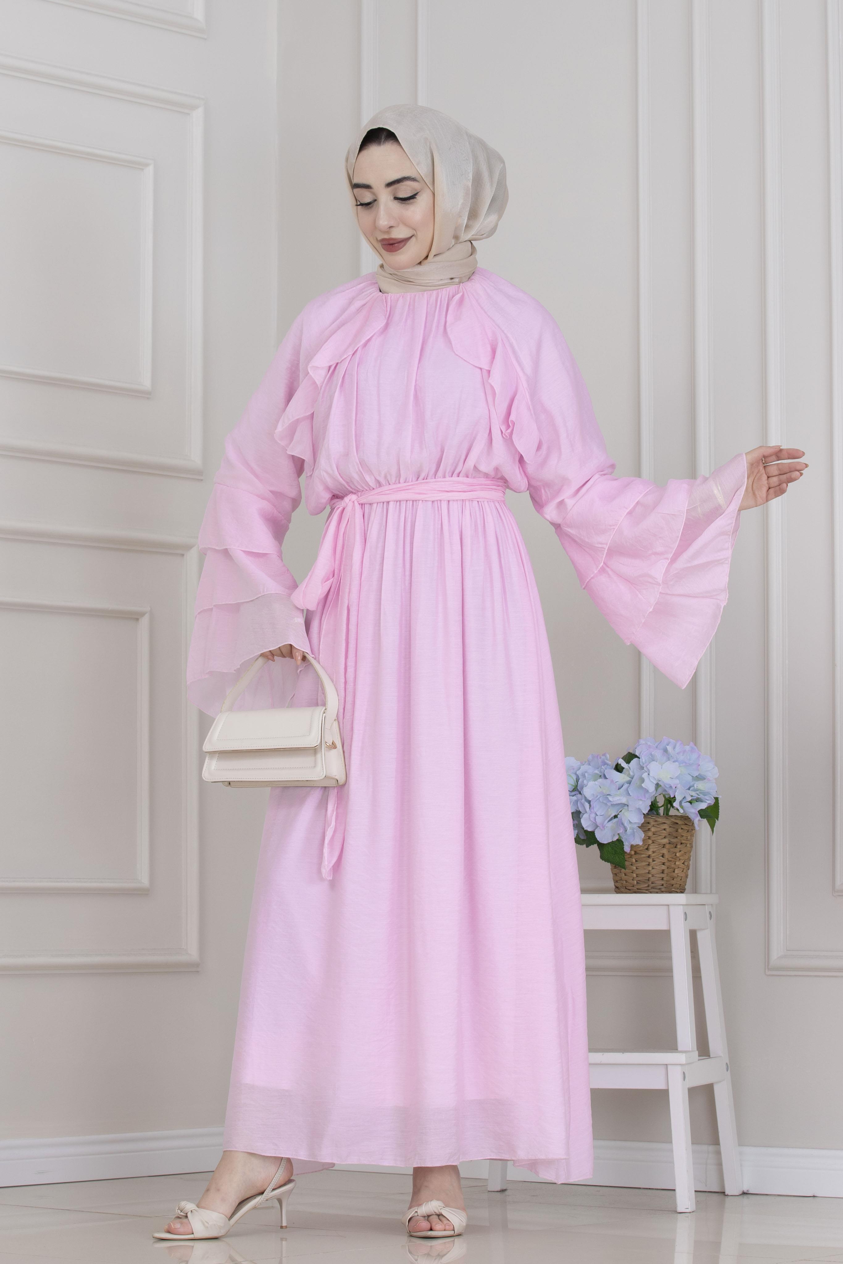 Fırfır Detaylı Lora Elbise-Pembe