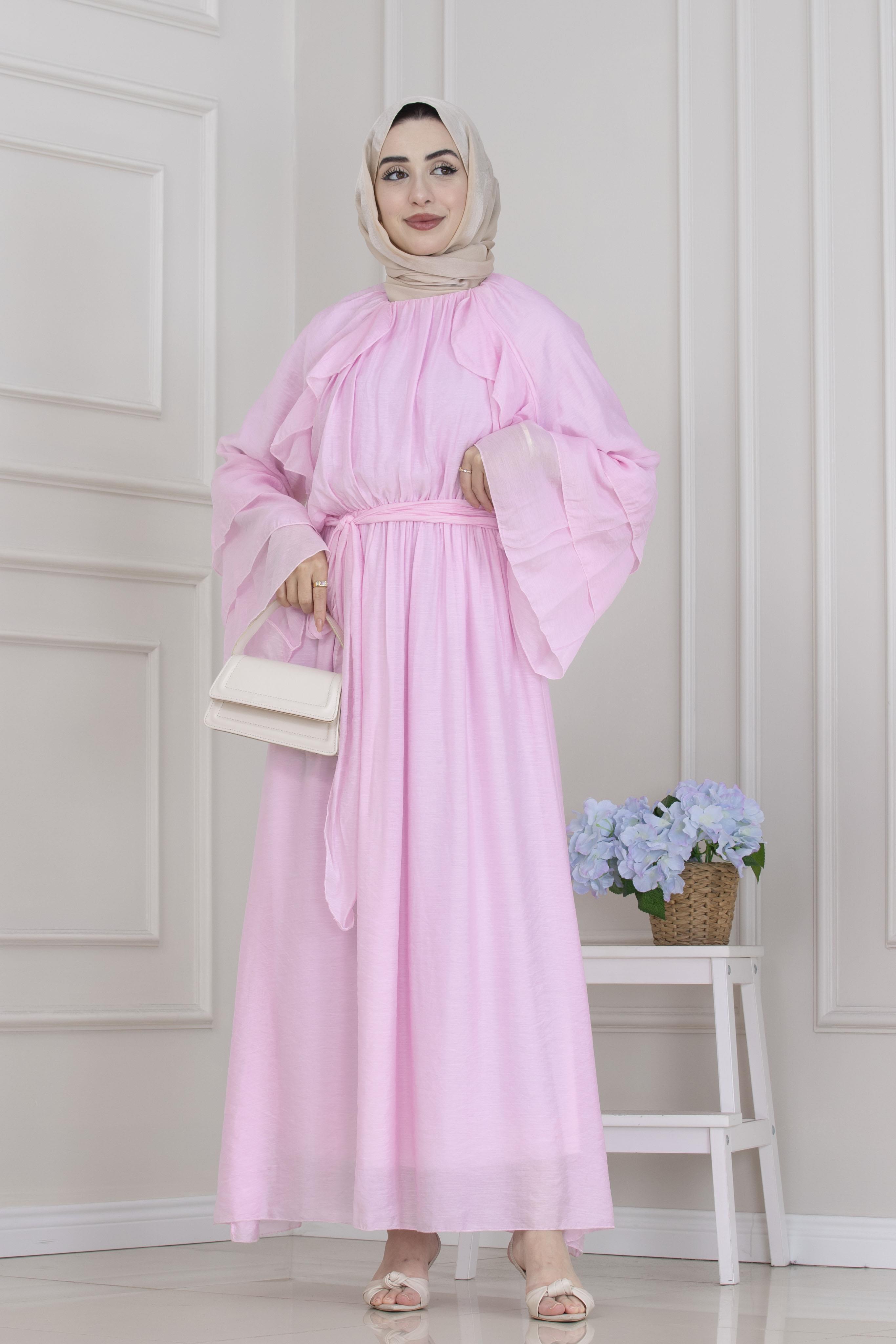 Fırfır Detaylı Lora Elbise-Pembe