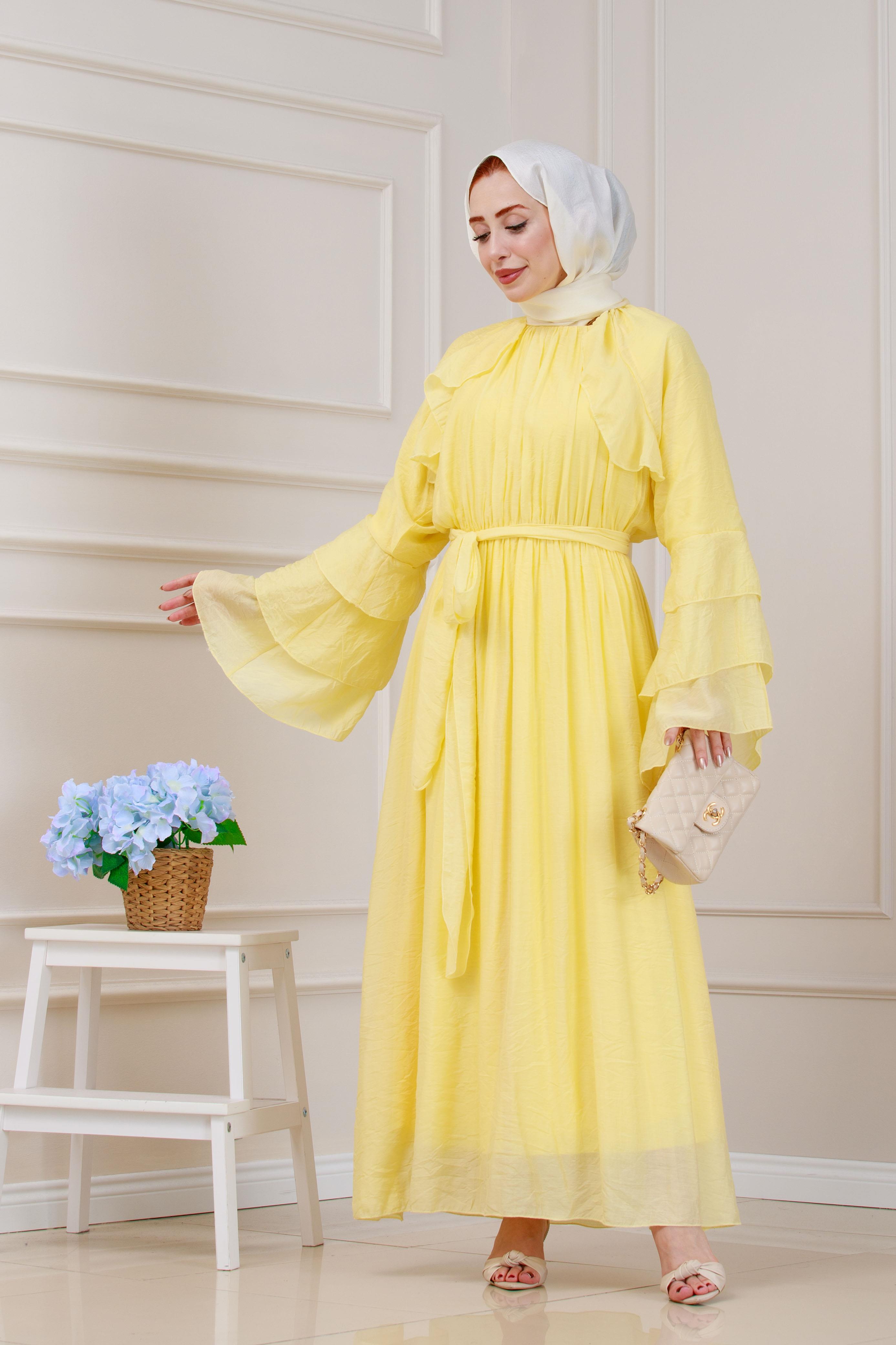 Fırfır Detaylı Lora Elbise-Sarı