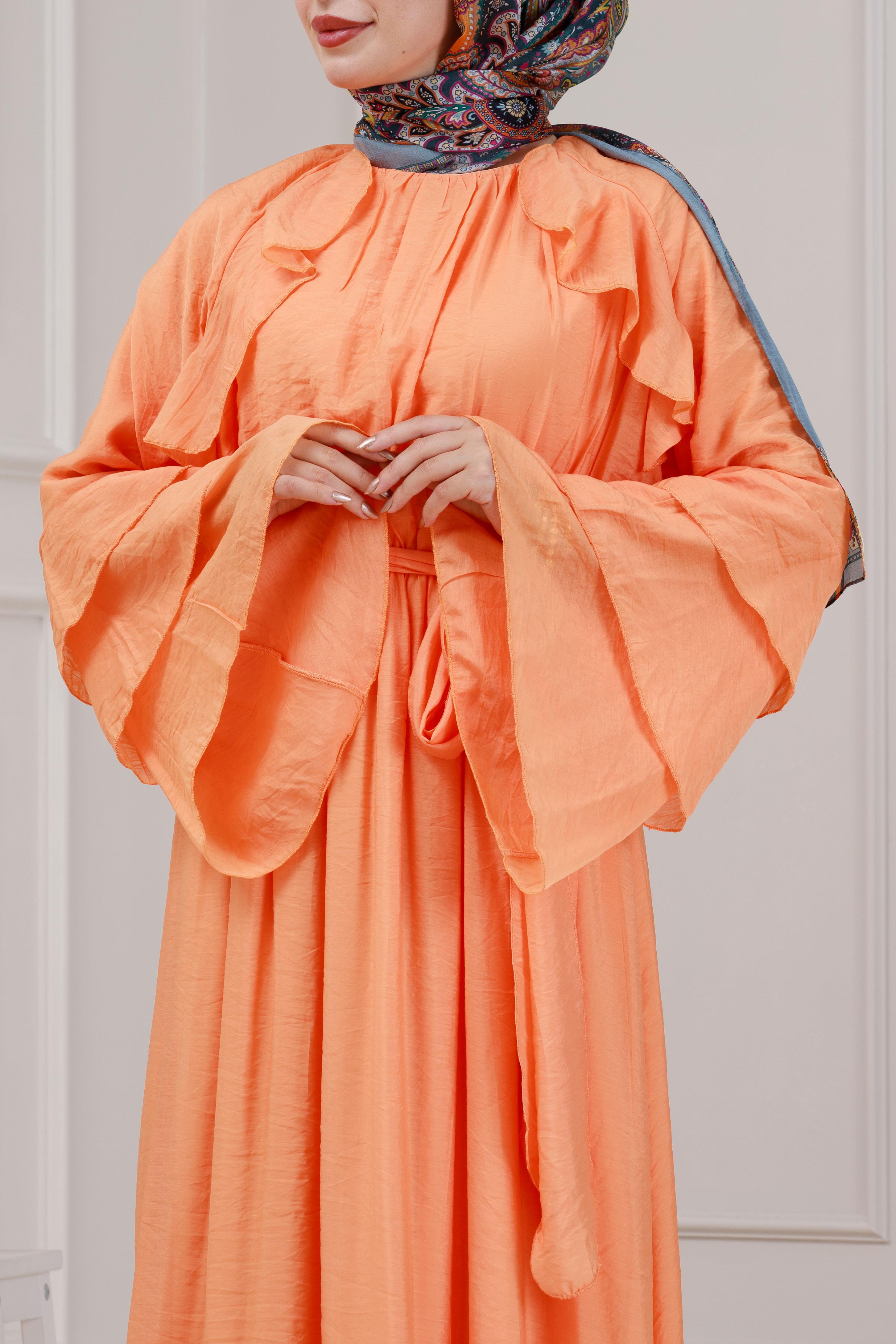 Fırfır Detaylı Lora Elbise-Turuncu