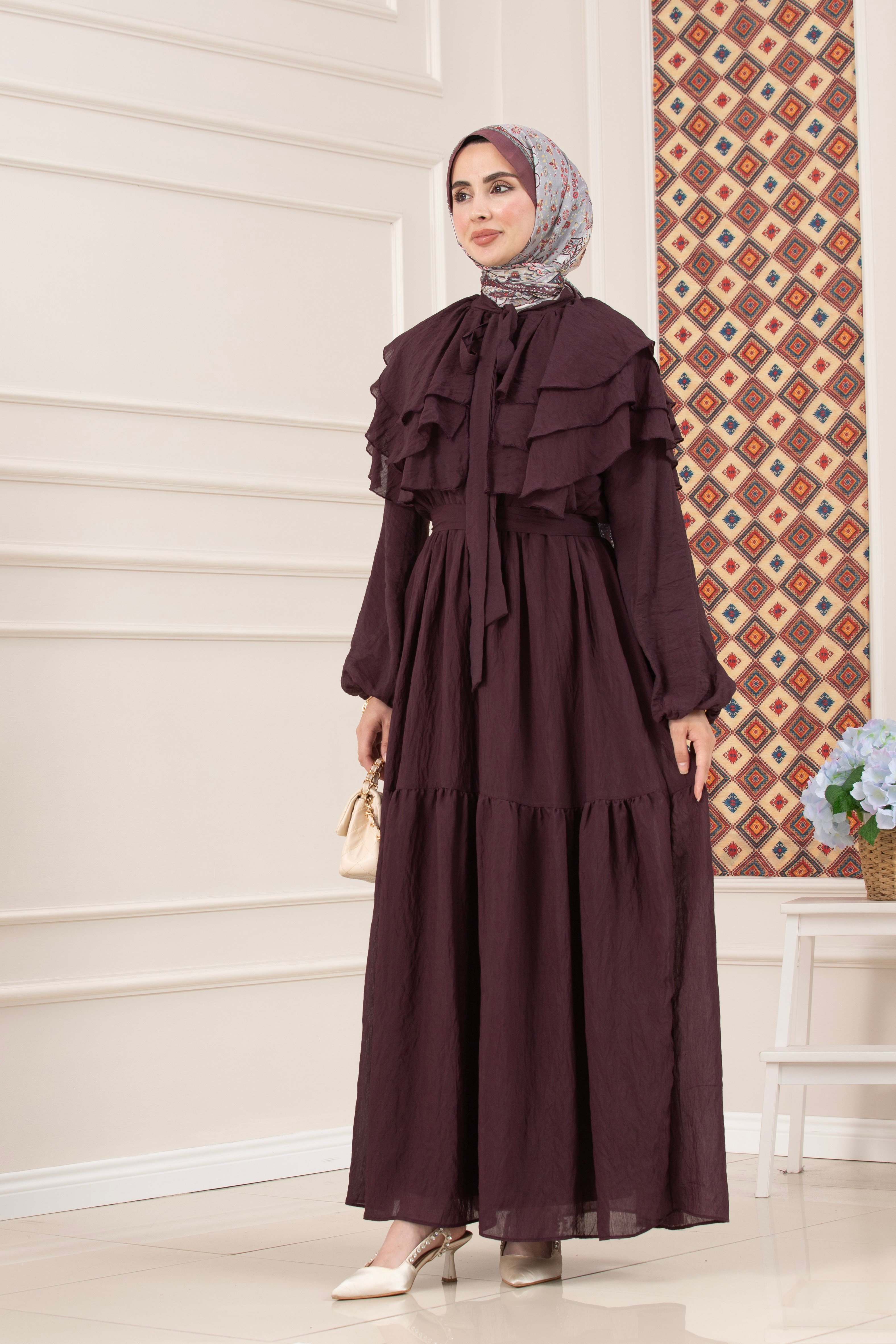 Fırfır Detaylı Roza Tesettür Elbise-MÜRDÜM