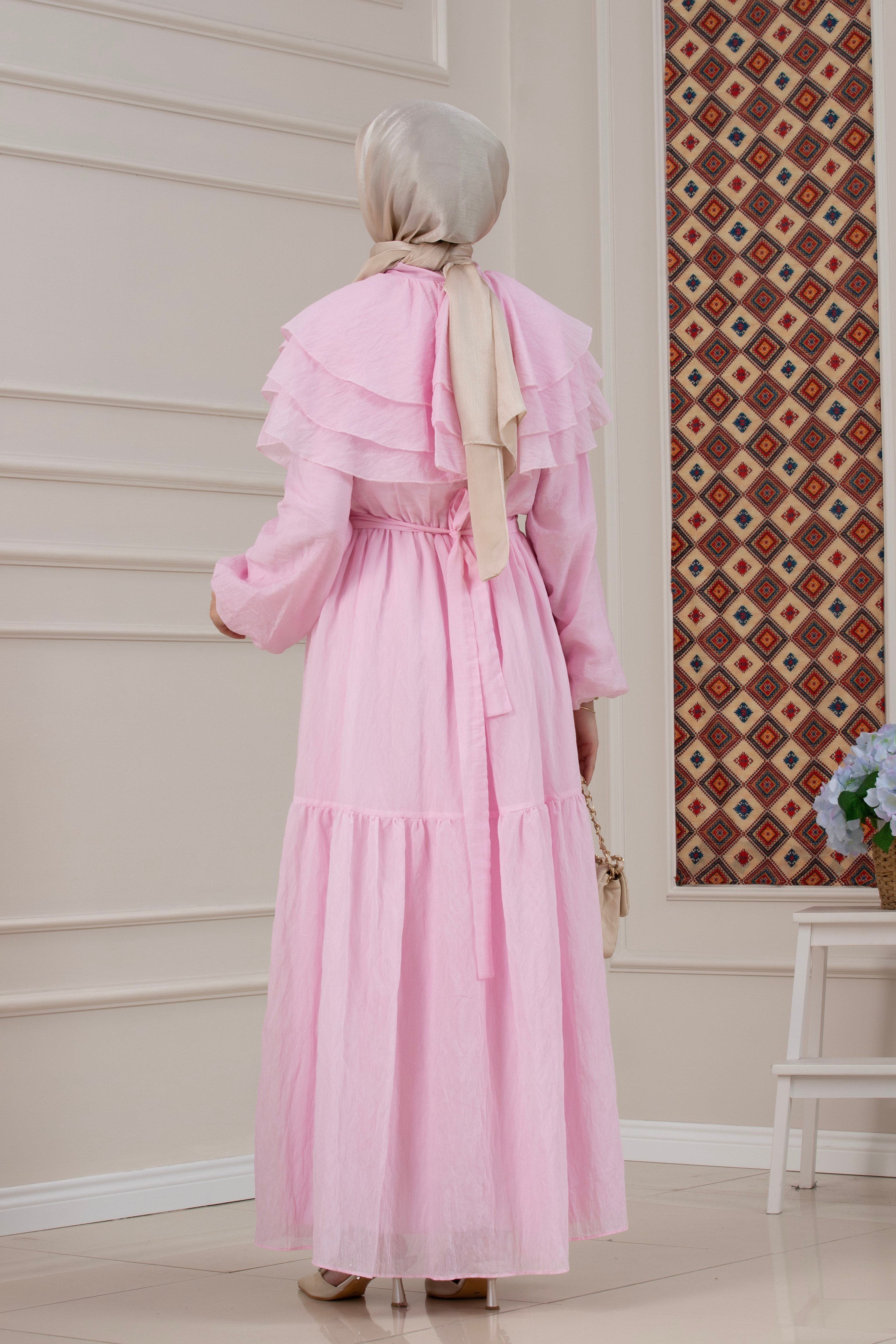 Fırfır Detaylı Roza Tesettür Elbise-PEMBE