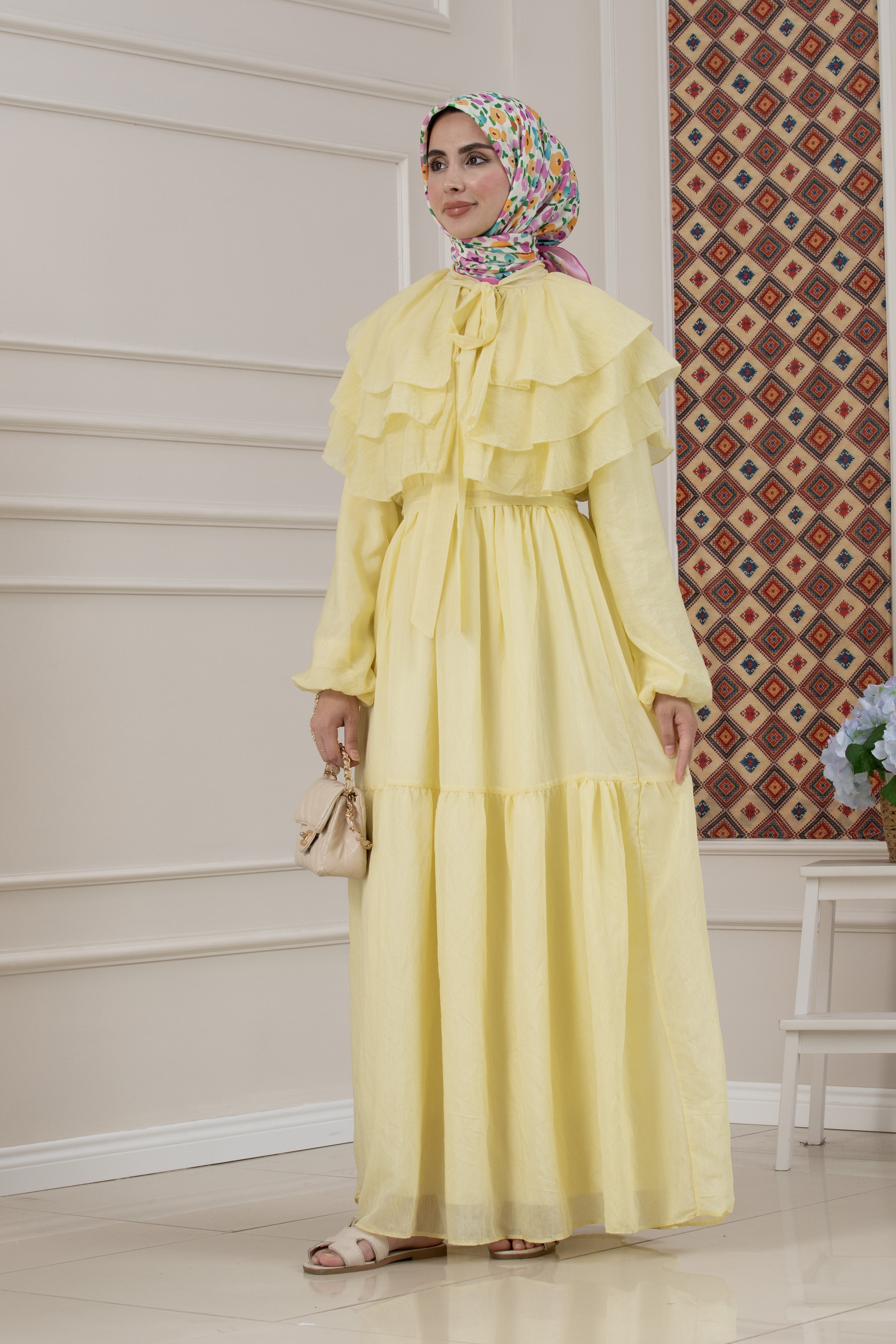 Fırfır Detaylı Roza Tesettür Elbise-SARI