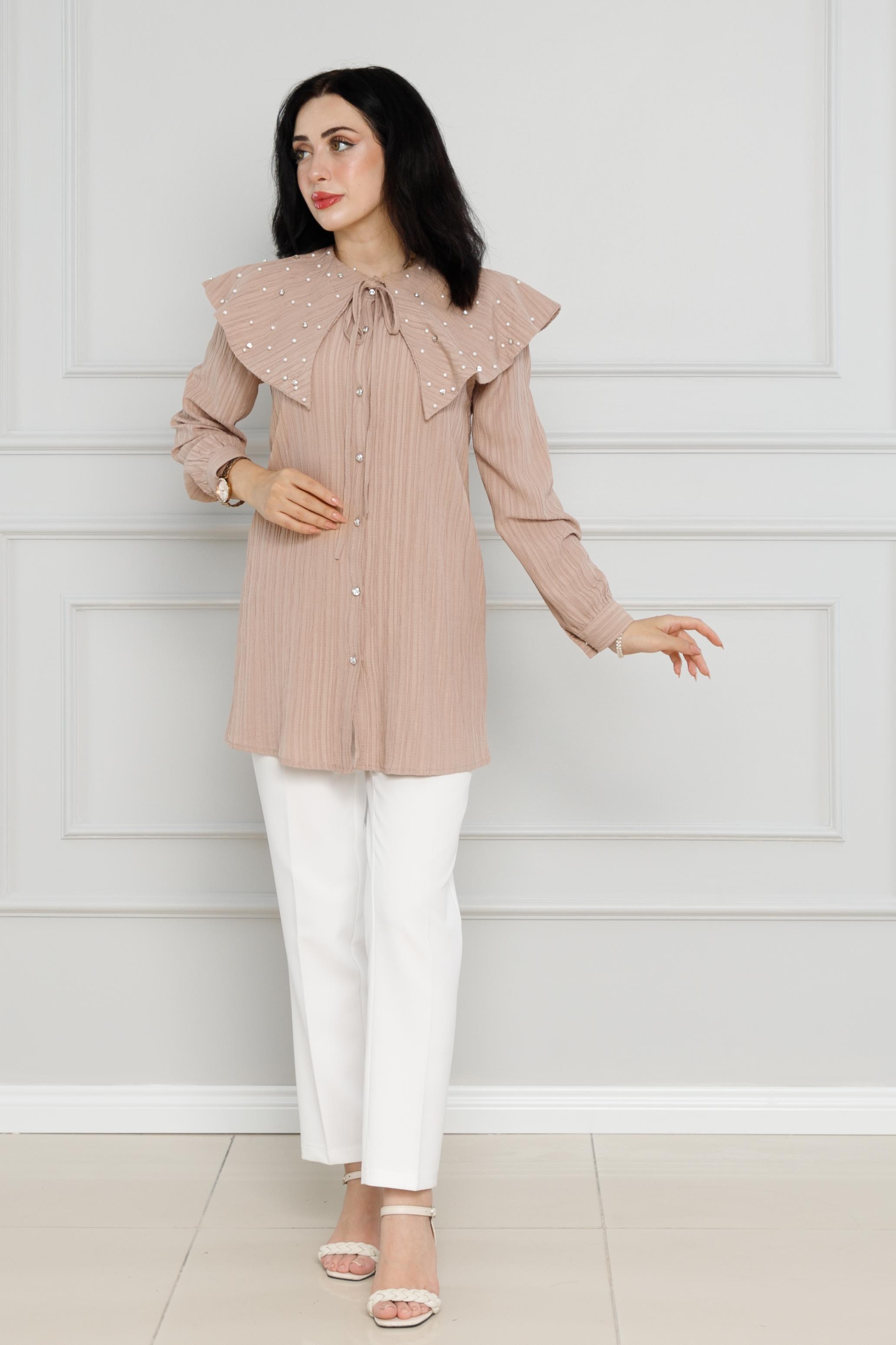 Wide Collar Pearl Tunic-mink color