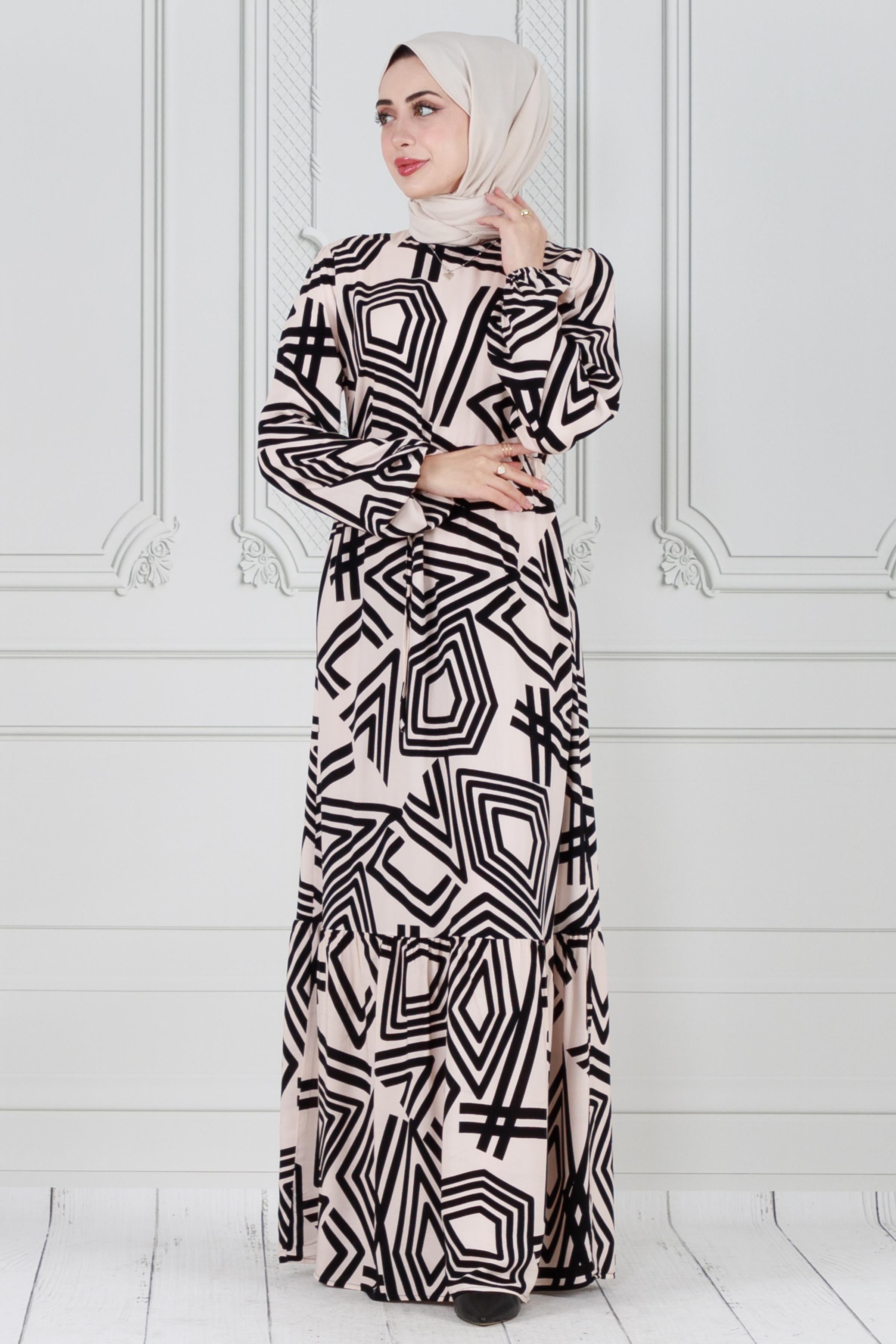 Geometric Pattern Viscose Dress - Powder color