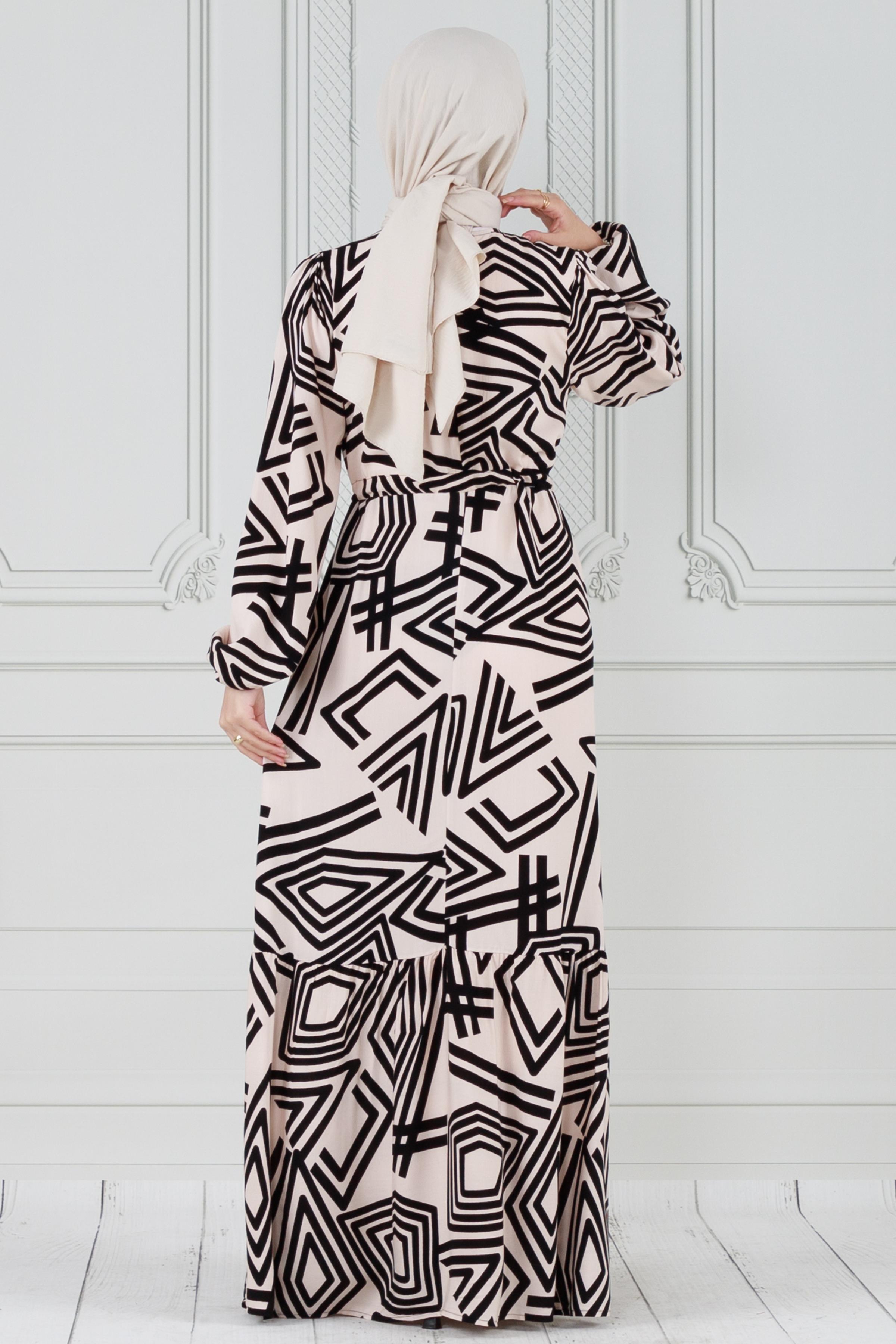Geometric Pattern Viscose Dress - Powder color