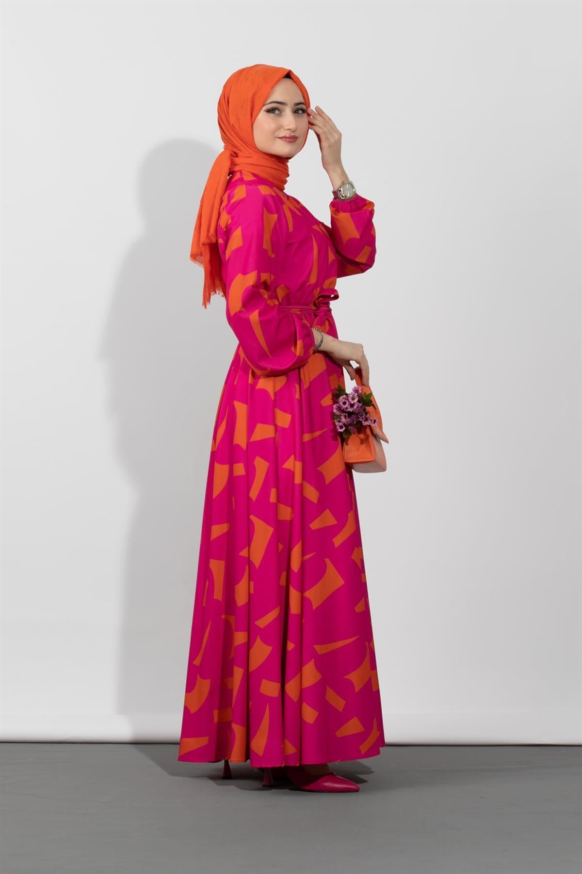 Geometric Viscose Fabric Desing Dress- Fuchsia
