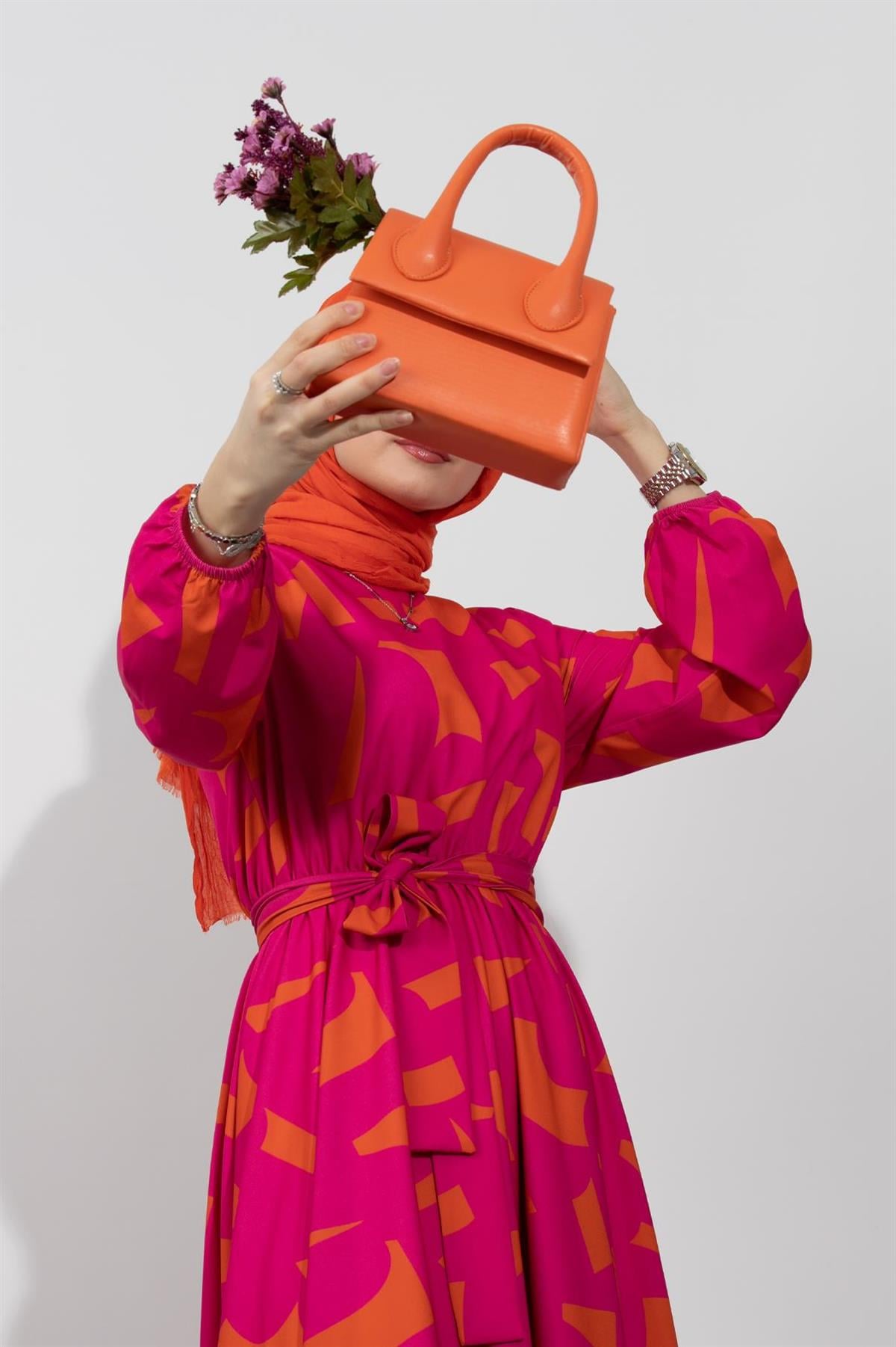 Geometric Viscose Fabric Desing Dress- Fuchsia
